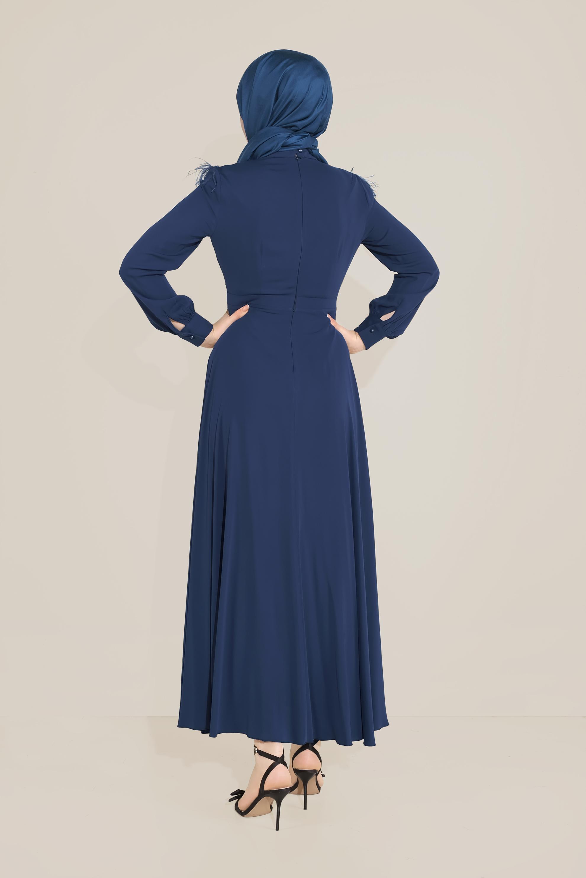 Tesettür giyim LACİVERT İNCİ VE TÜYLÜ ELBİSE 40568