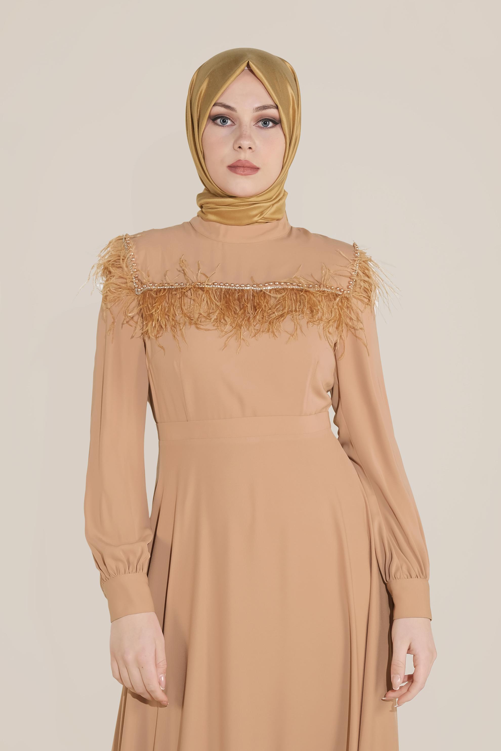 Tesettür giyim PEMBE İNCİ VE TÜYLÜ ELBİSE 40568