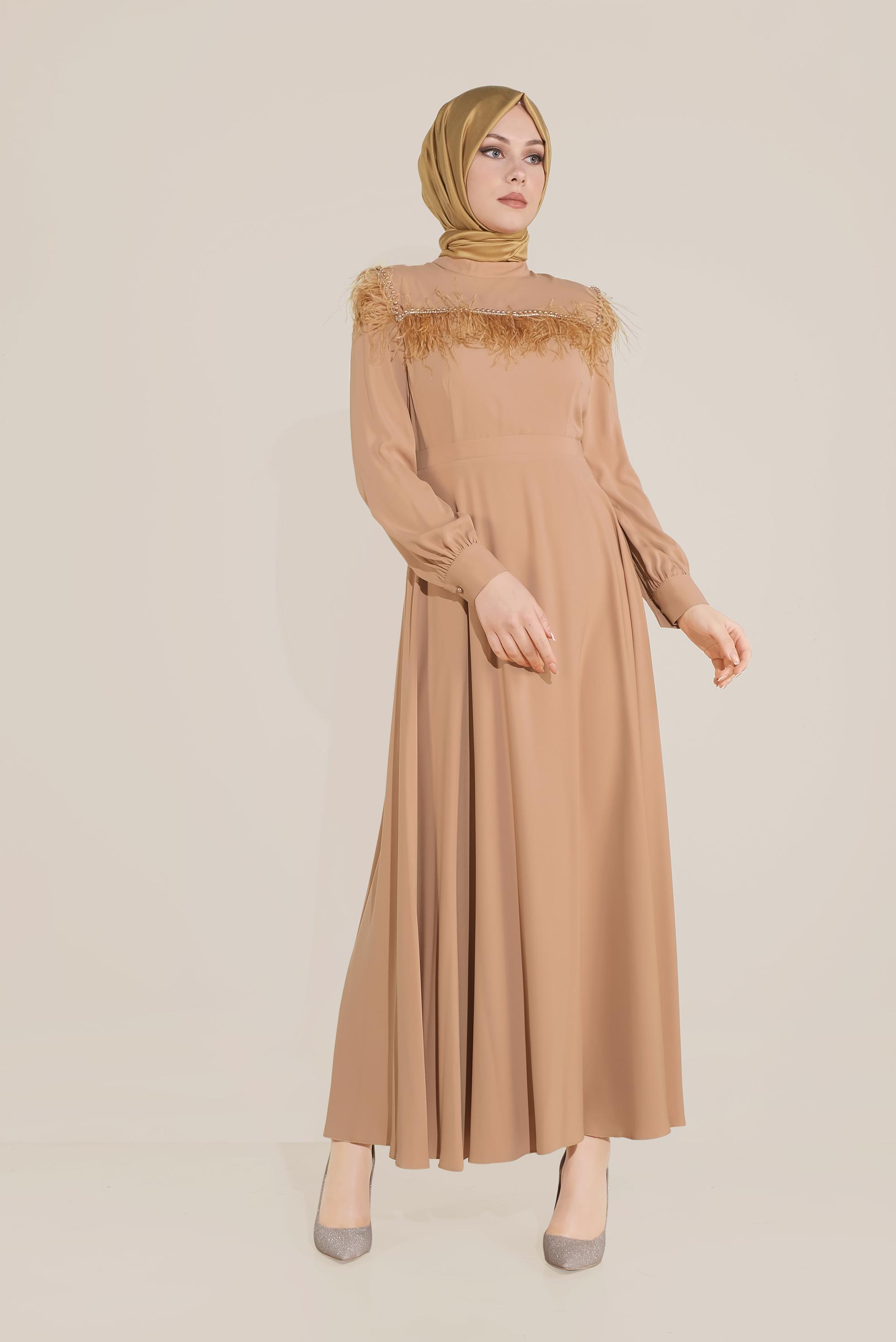 Tesettür giyim PEMBE İNCİ VE TÜYLÜ ELBİSE 40568