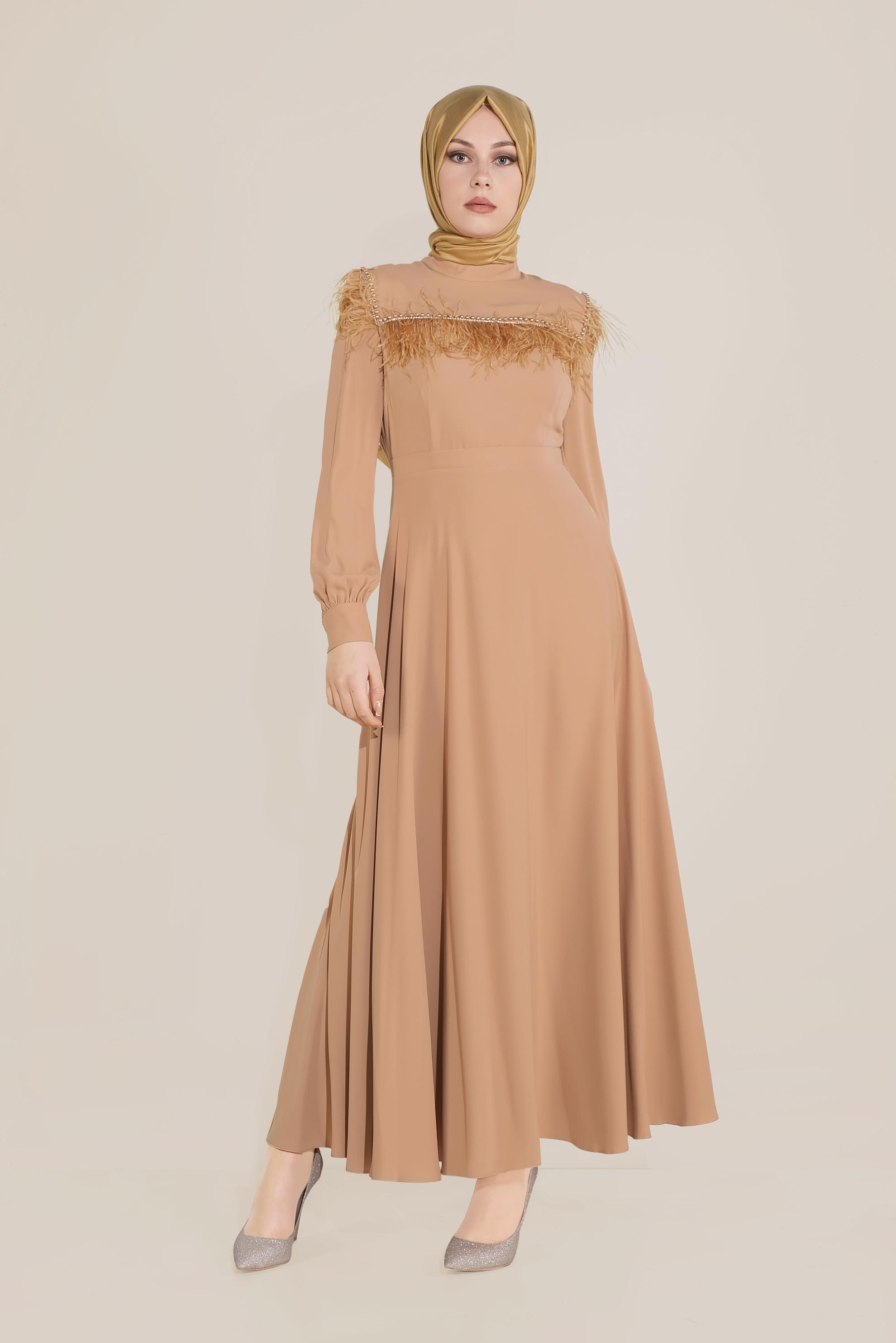 Tesettür giyim PEMBE İNCİ VE TÜYLÜ ELBİSE 40568