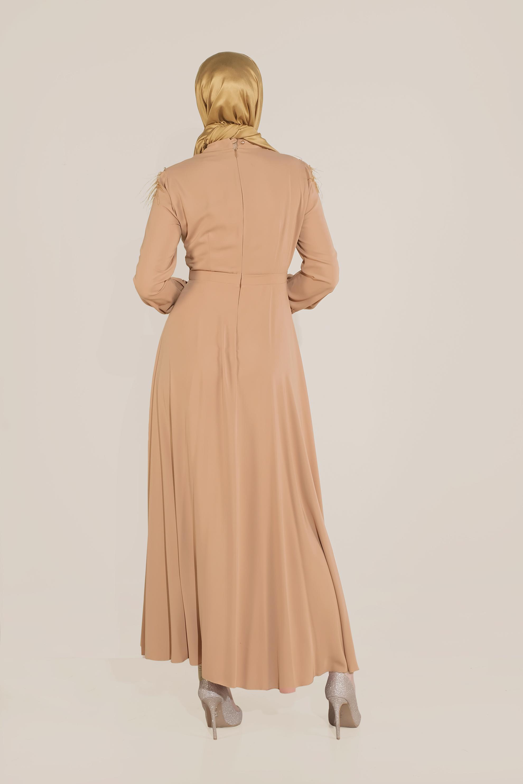Tesettür giyim PEMBE İNCİ VE TÜYLÜ ELBİSE 40568