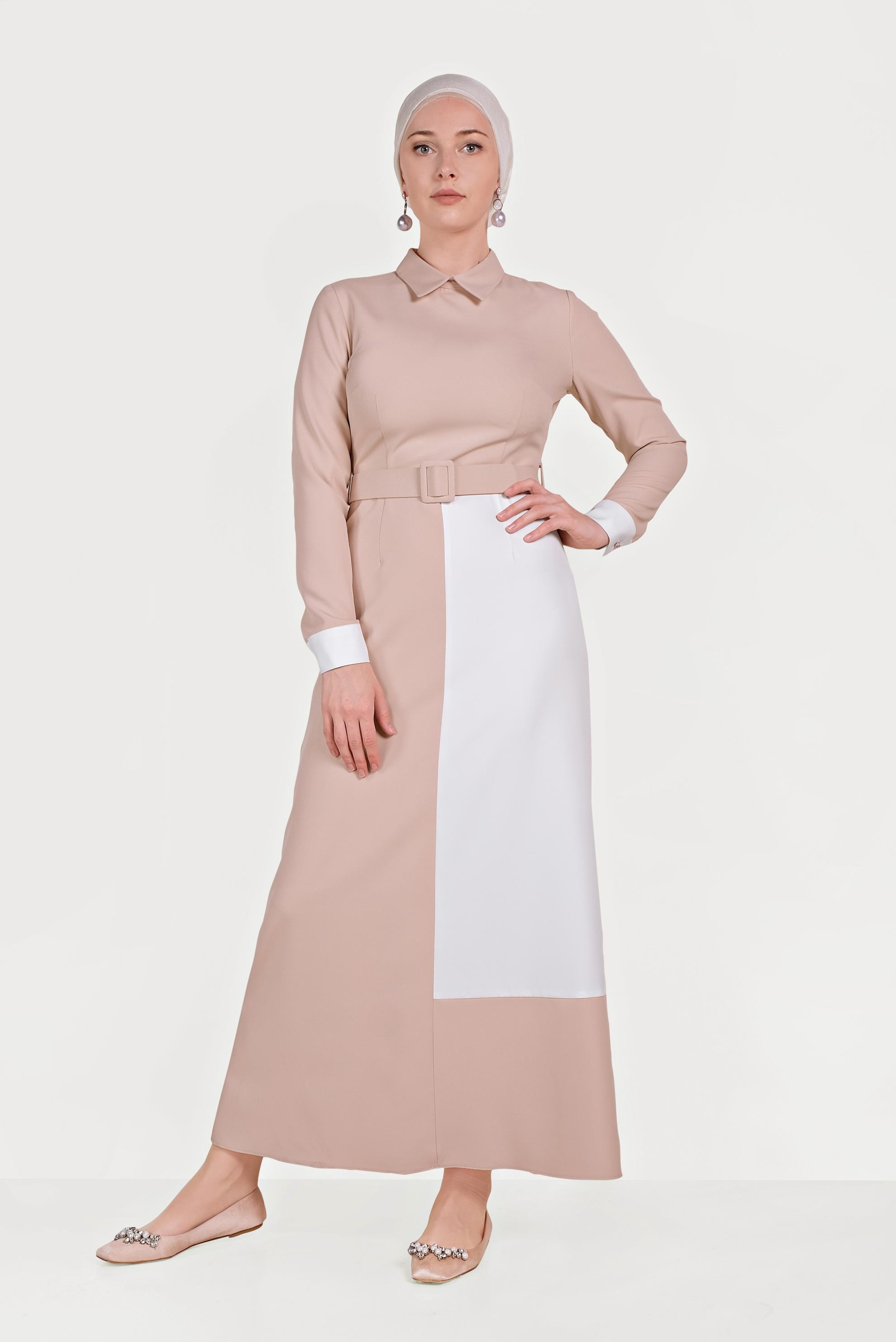 Tesettür giyim PUDRA ÇİFT RENKLİ ELBİSE 40580