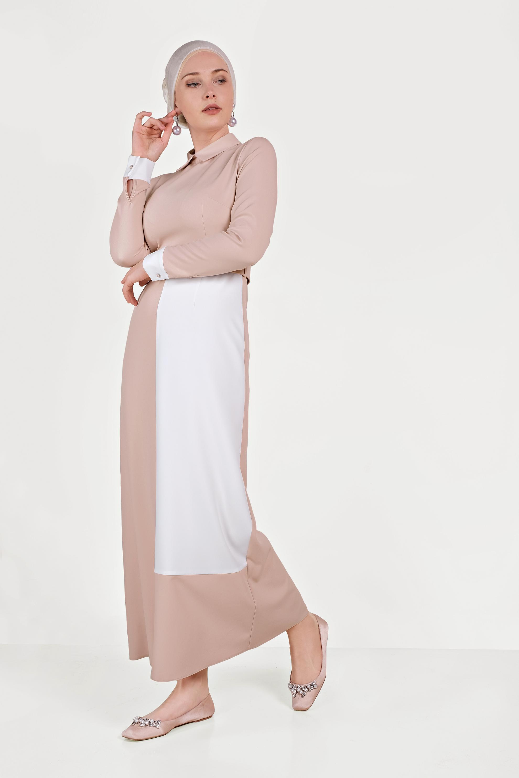 Tesettür giyim PUDRA ÇİFT RENKLİ ELBİSE 40580