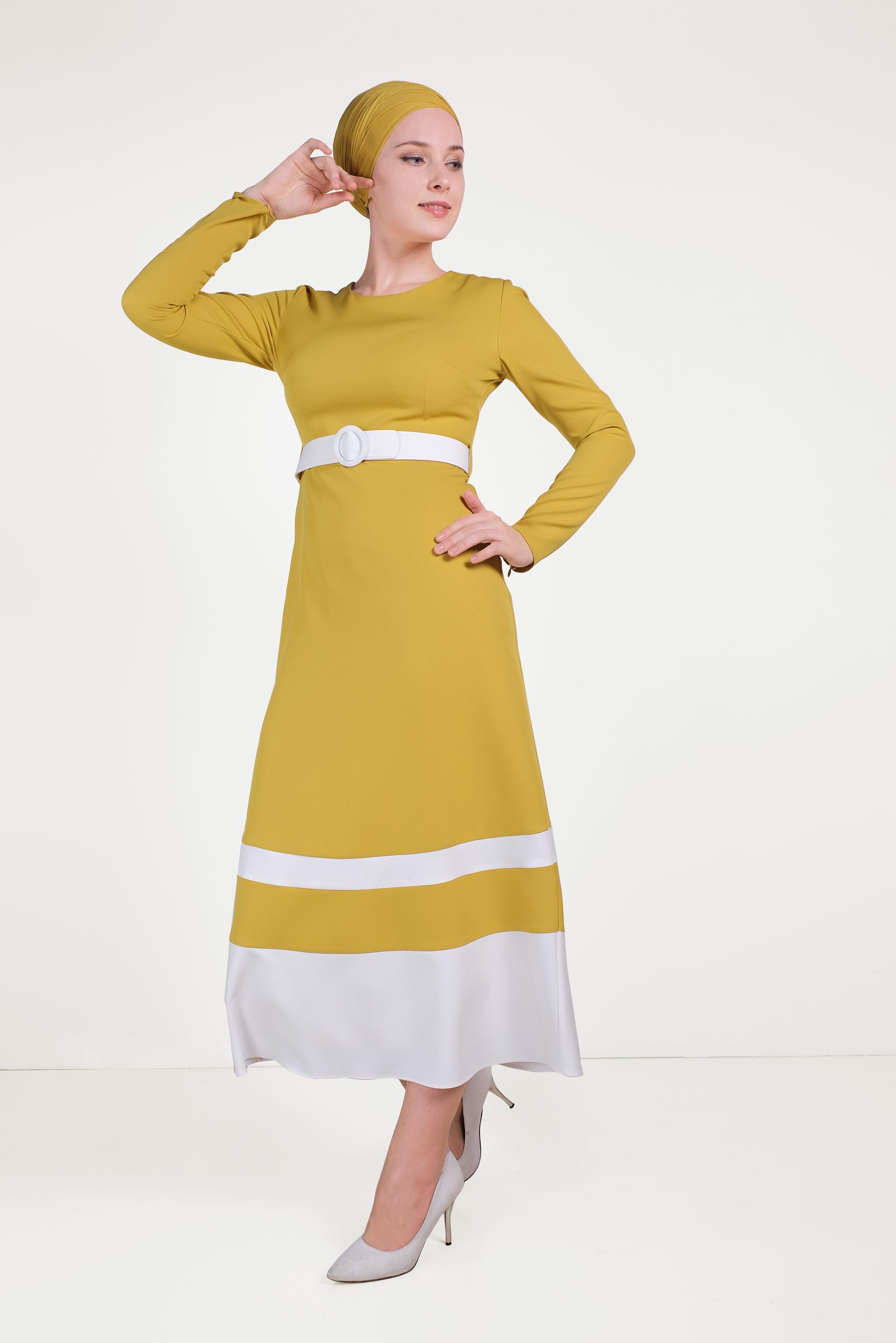 Tesettür giyim SARI ÇİFT RENKLİ ELBİSE 40581