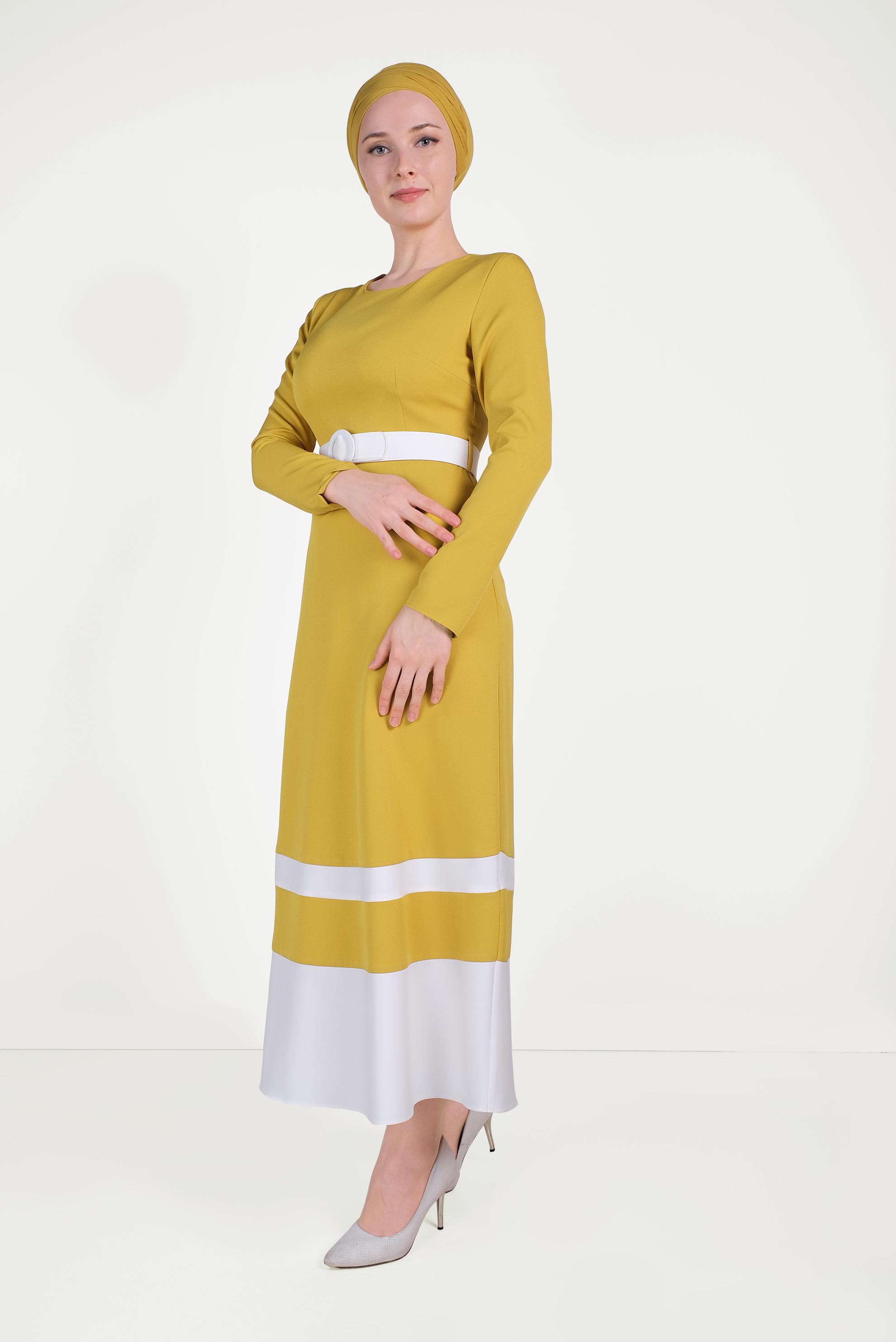 Tesettür giyim SARI ÇİFT RENKLİ ELBİSE 40581