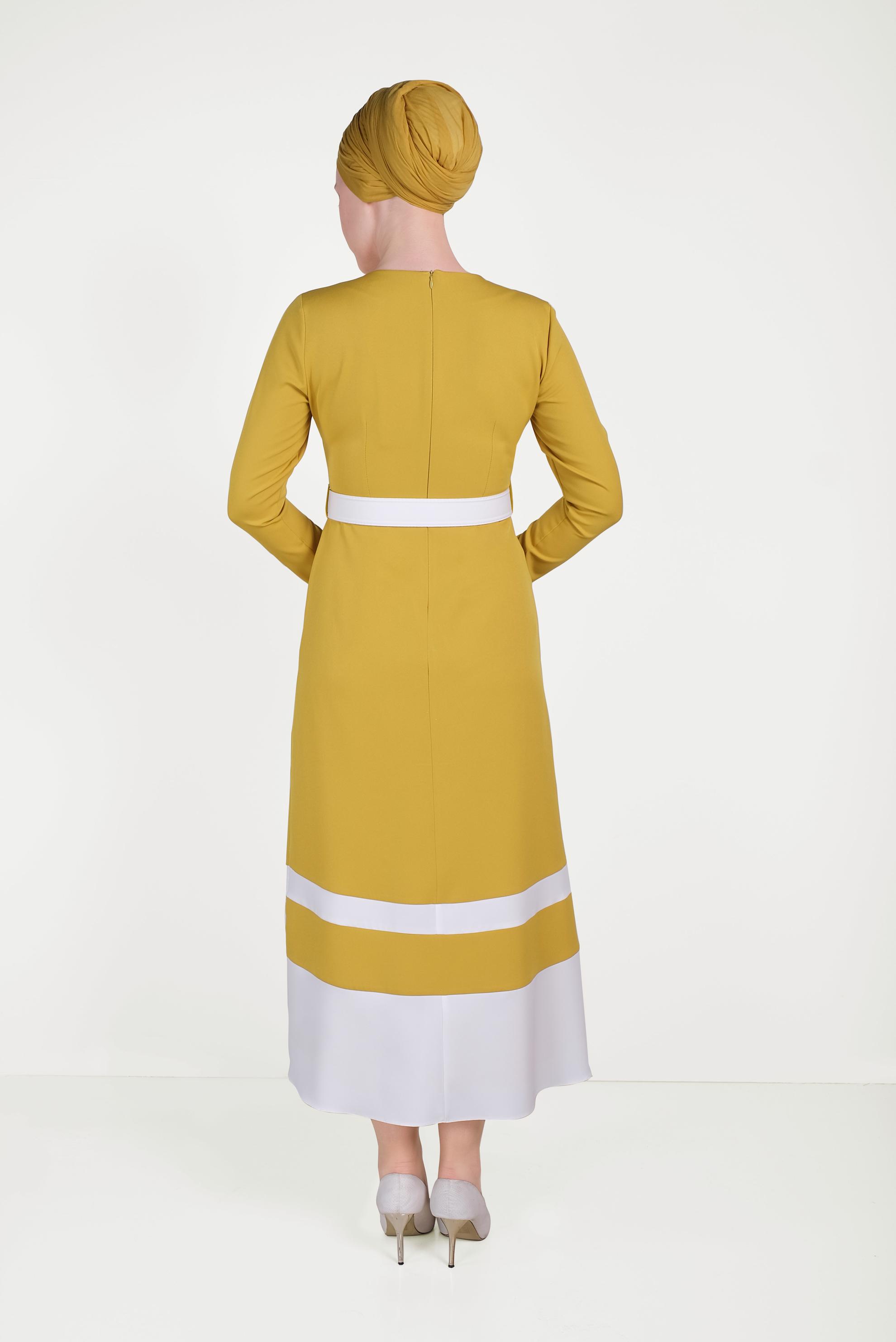 Tesettür giyim SARI ÇİFT RENKLİ ELBİSE 40581