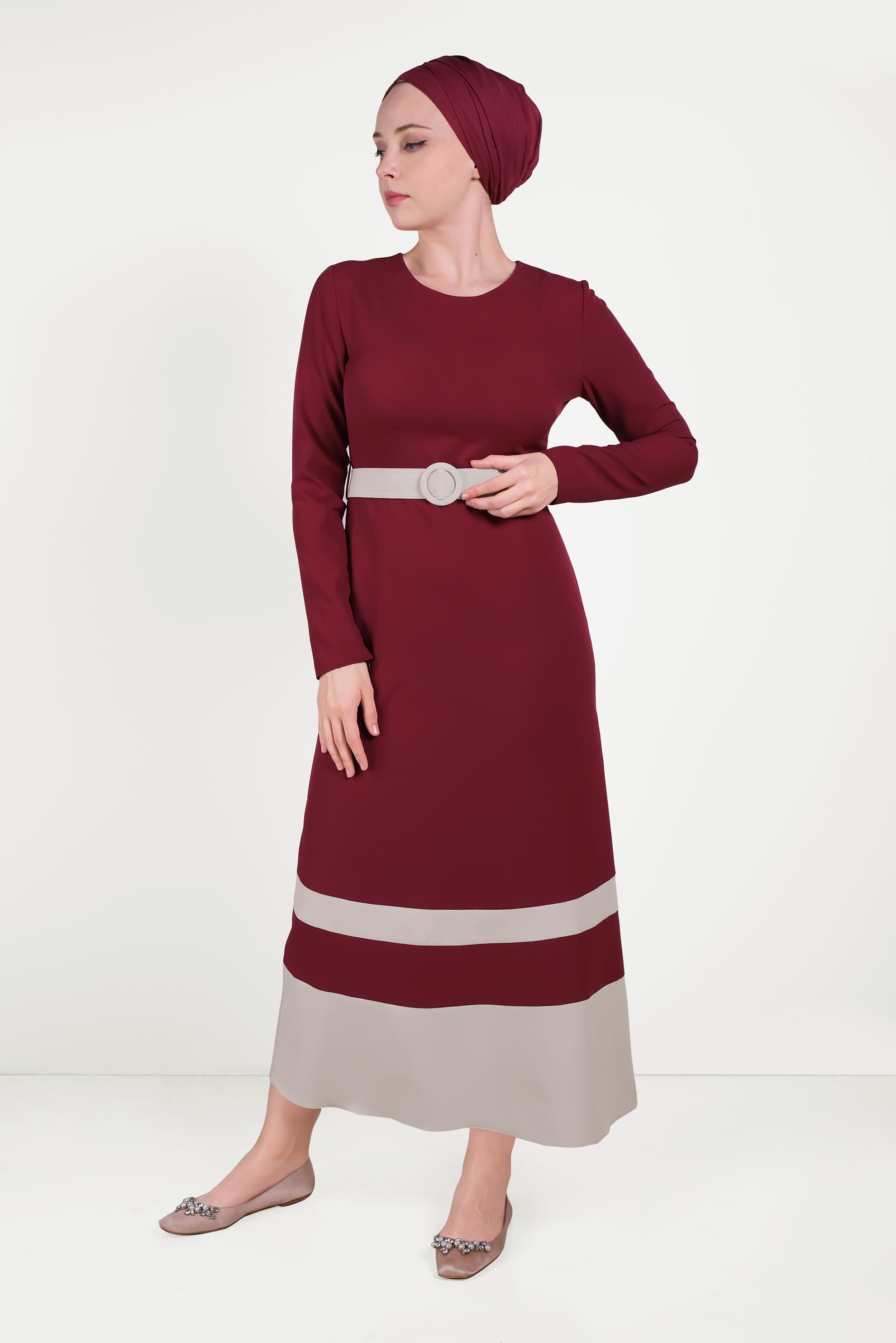 Tesettür giyim BORDO ÇİFT RENKLİ ELBİSE 40581