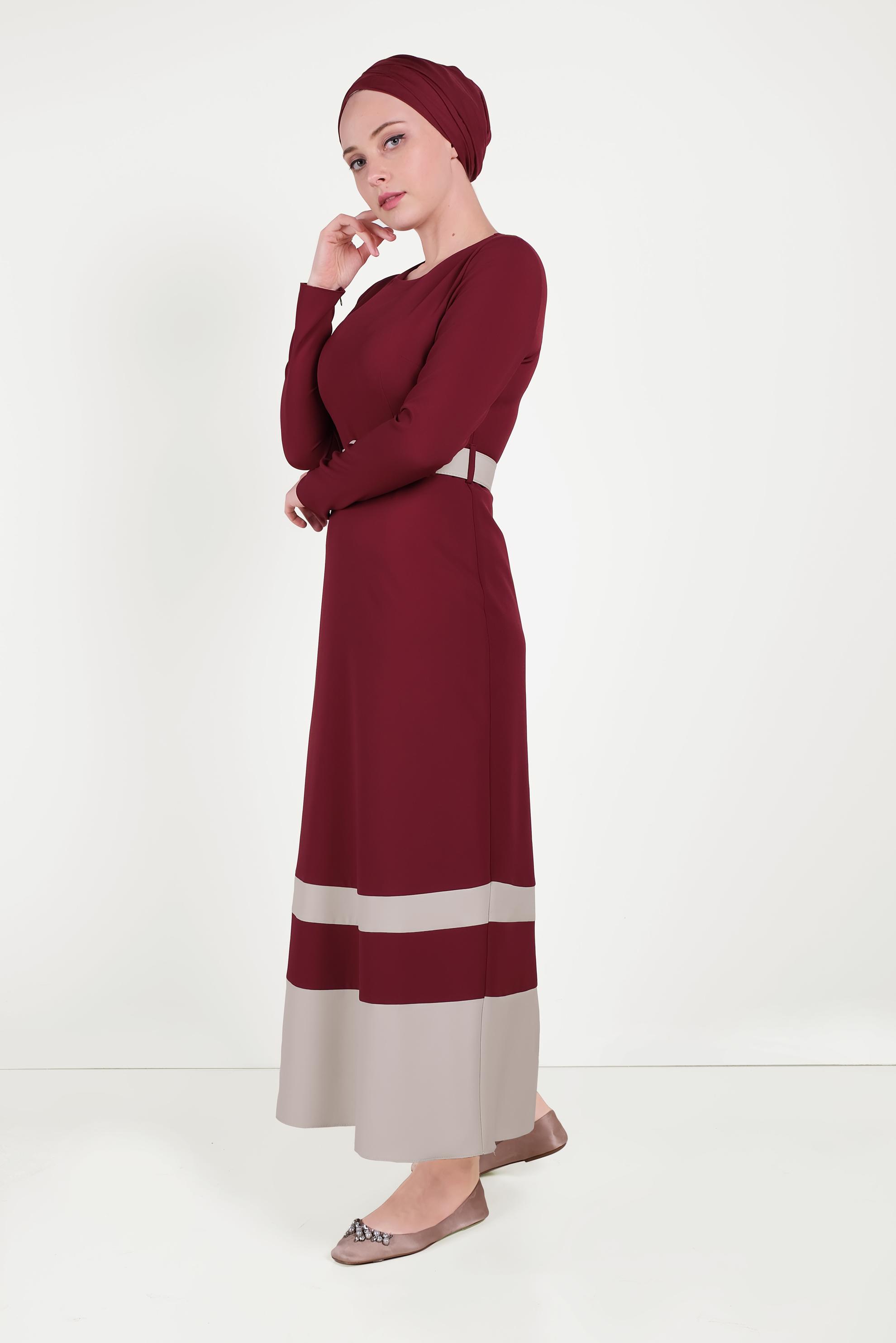 Tesettür giyim BORDO ÇİFT RENKLİ ELBİSE 40581