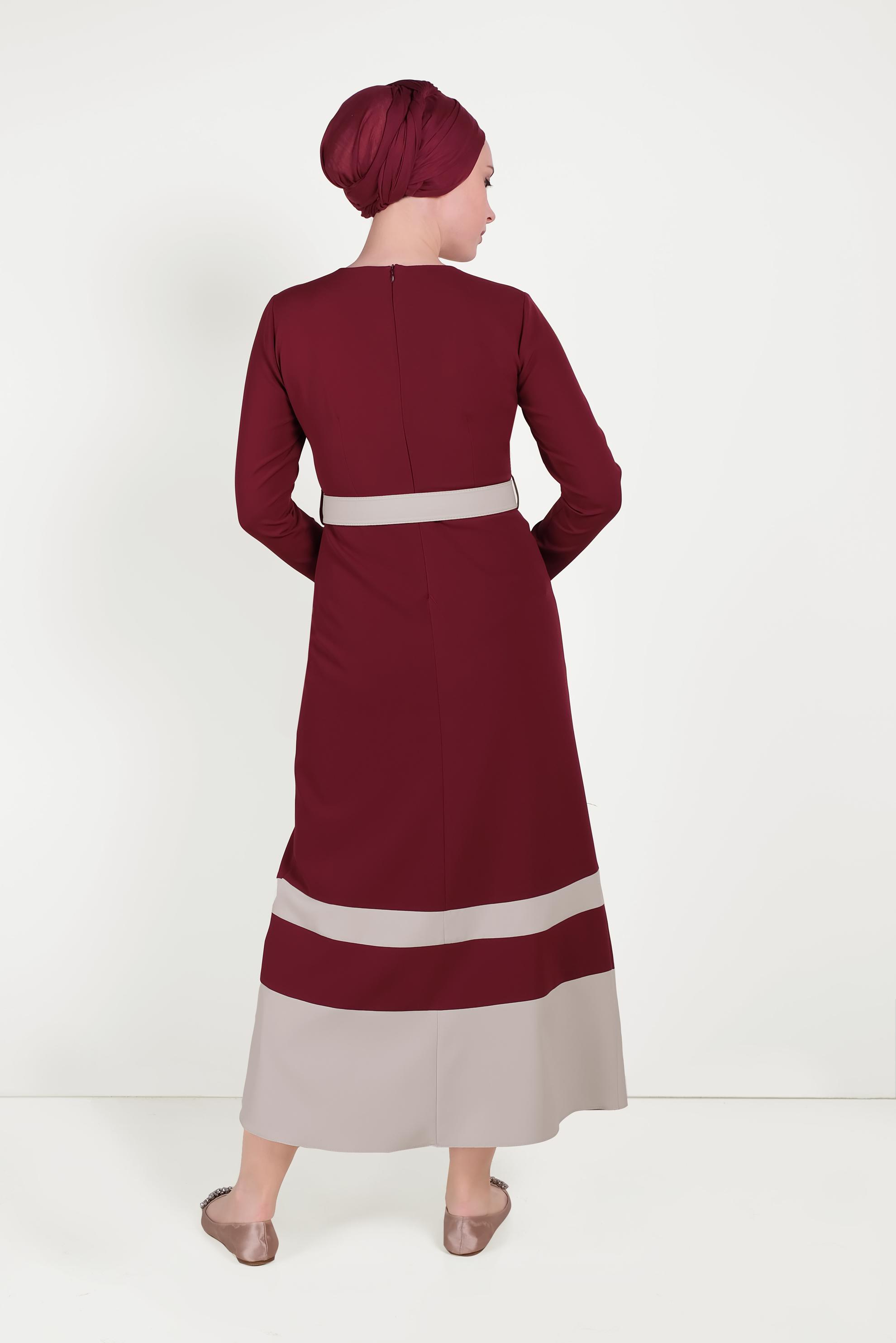 Tesettür giyim BORDO ÇİFT RENKLİ ELBİSE 40581