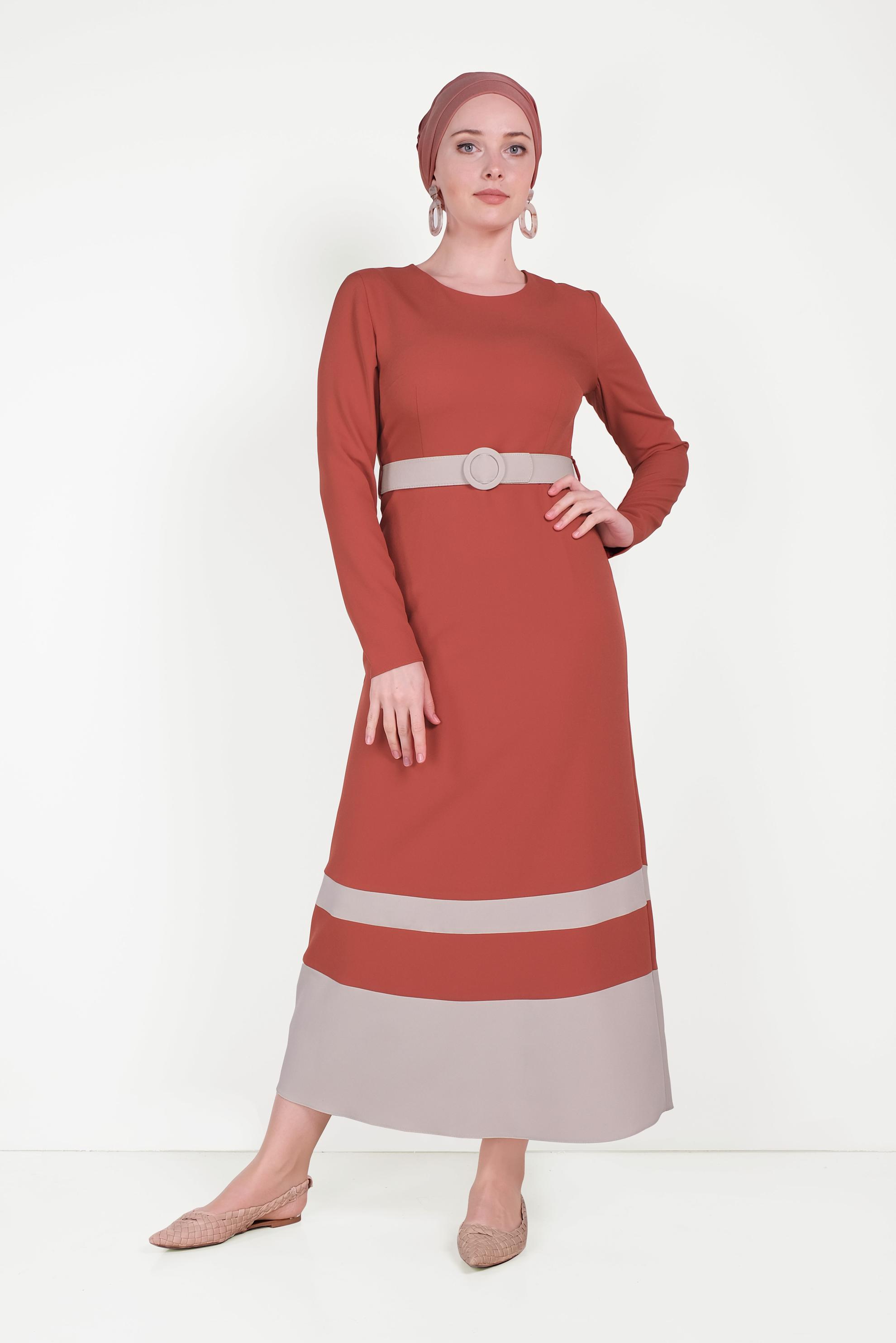 Tesettür giyim TURUNCU ÇİFT RENKLİ ELBİSE 40581