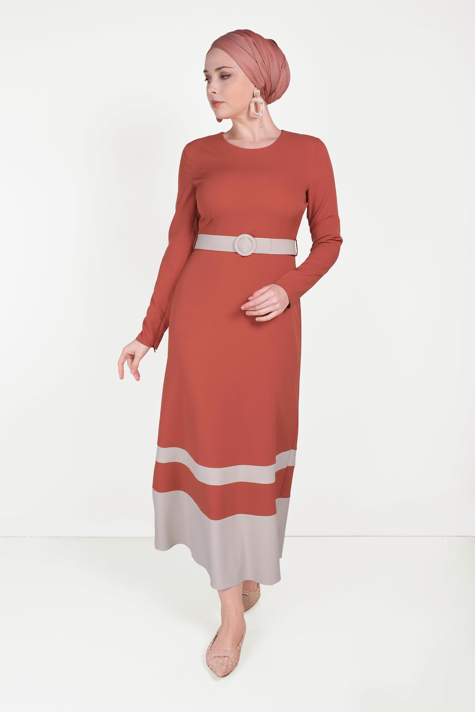 Tesettür giyim TURUNCU ÇİFT RENKLİ ELBİSE 40581