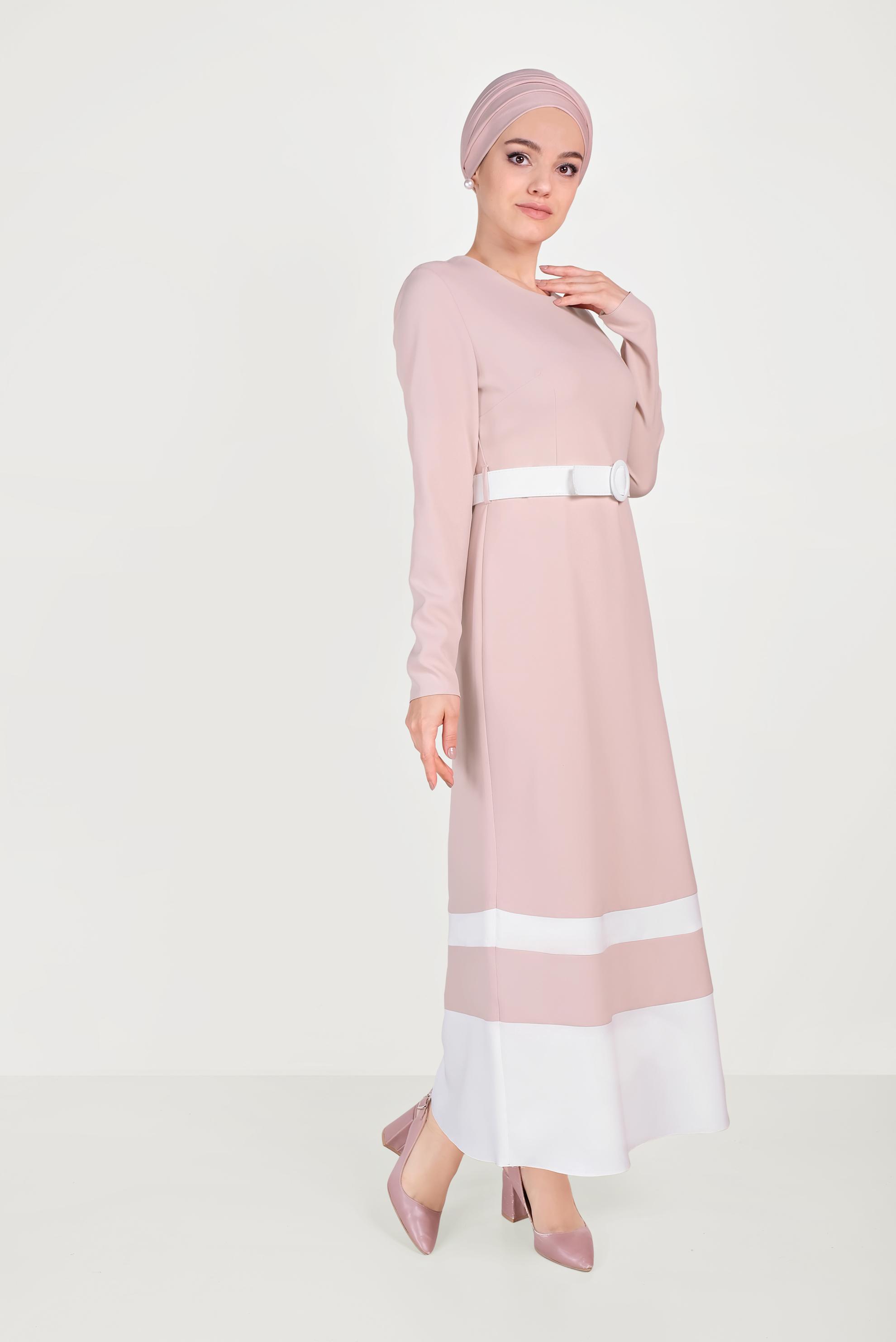 Tesettür giyim PUDRA ÇİFT RENKLİ ELBİSE 40581