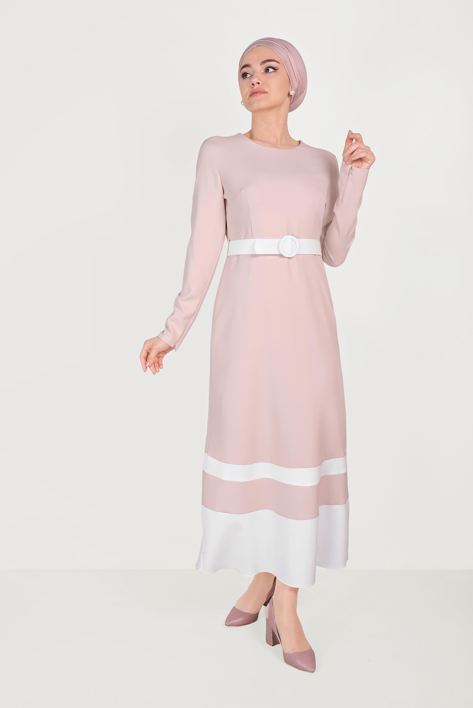 Tesettür giyim PUDRA ÇİFT RENKLİ ELBİSE 40581