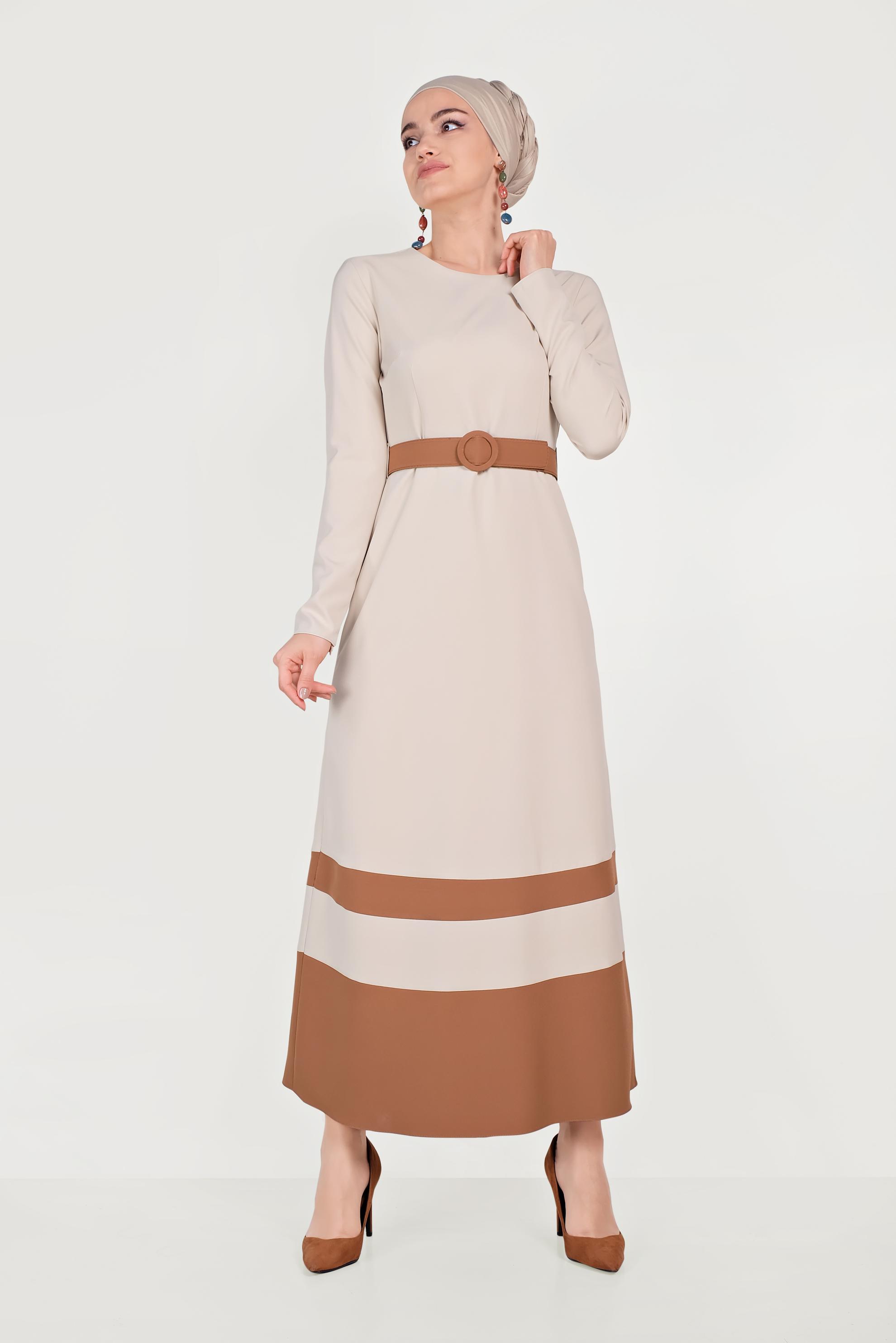 Tesettür giyim BEJ ÇİFT RENKLİ ELBİSE 40581