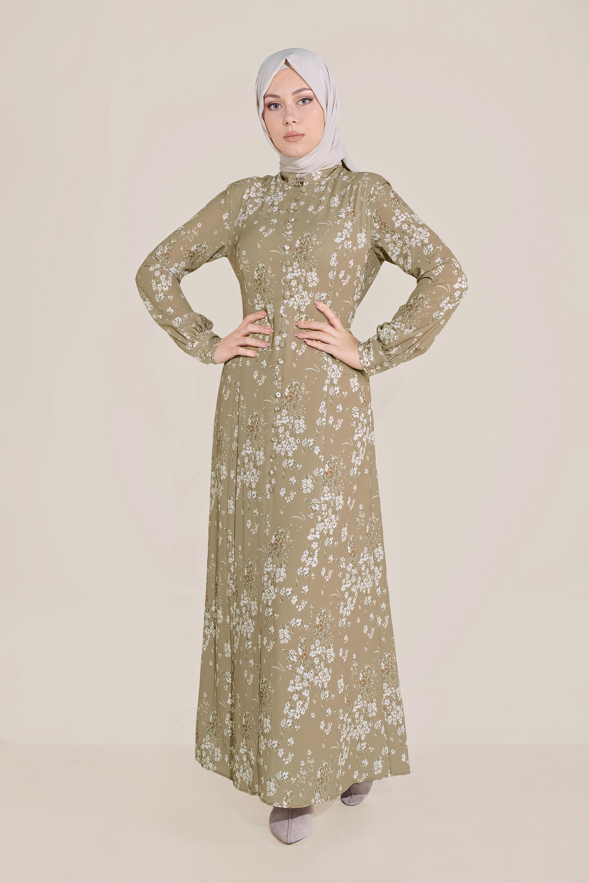 Tesettür giyim VİZON HAKİM YAKA ÇİÇEK DESENLİ ELBİSE 40582 
