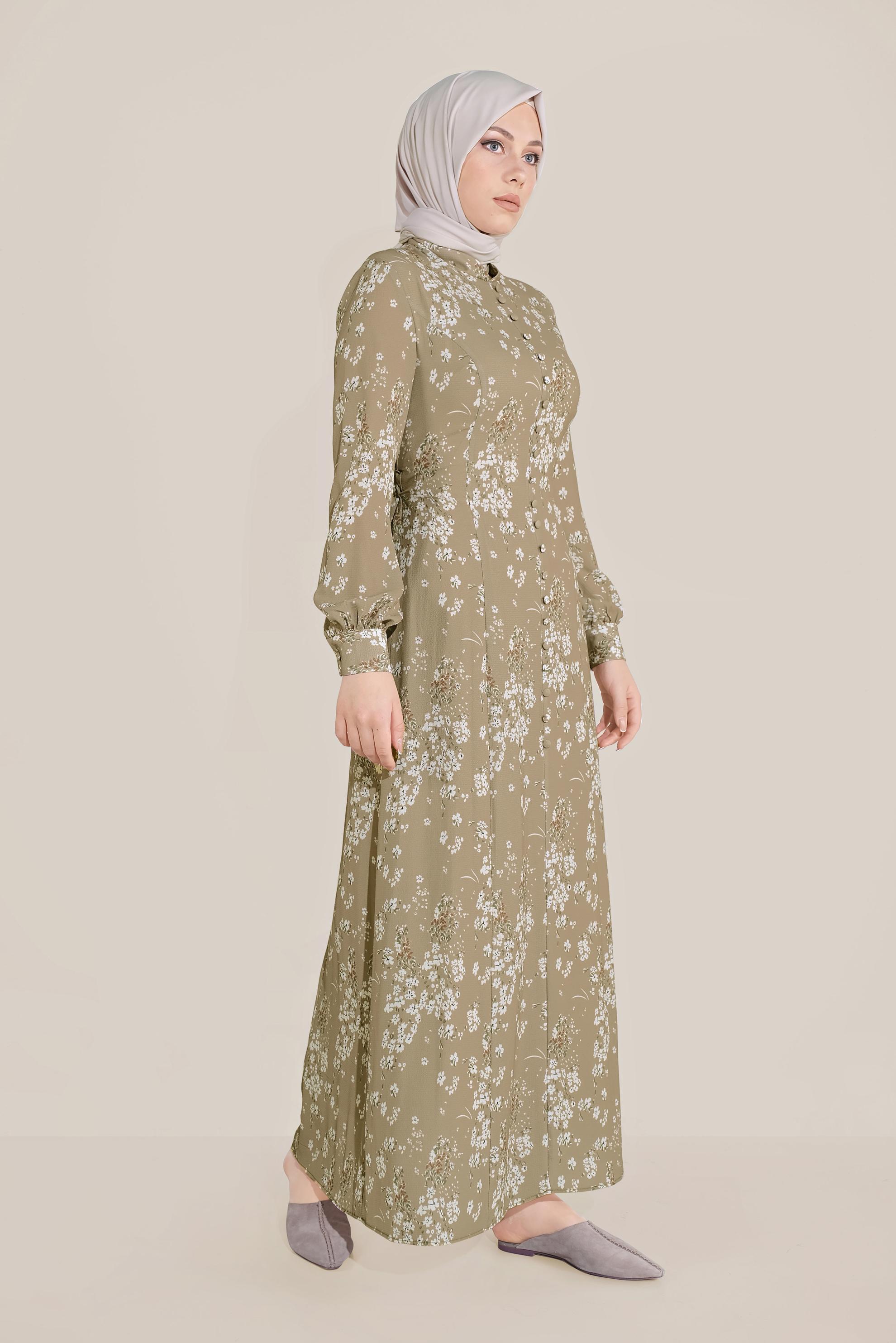 Tesettür giyim VİZON HAKİM YAKA ÇİÇEK DESENLİ ELBİSE 40582 