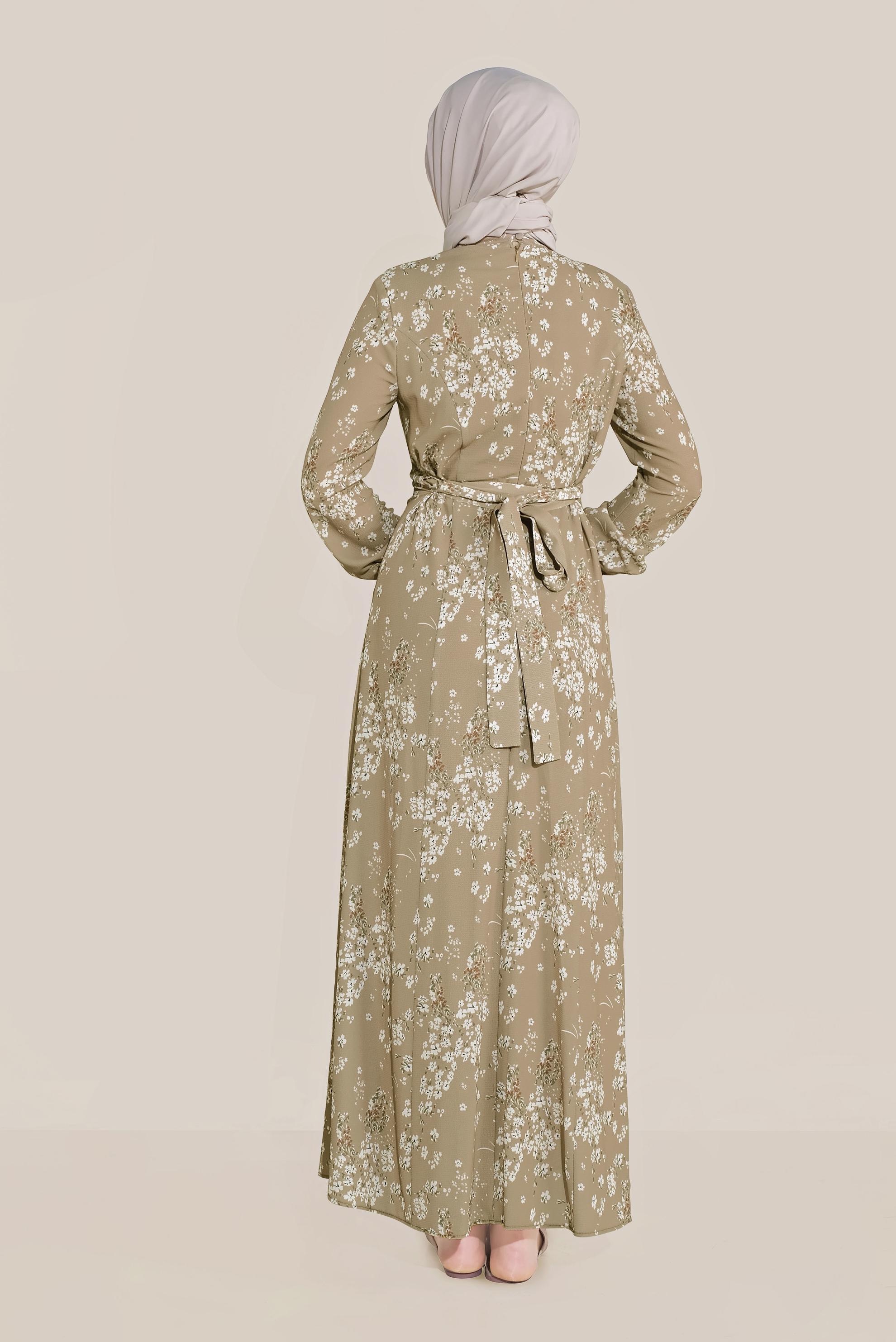 Tesettür giyim VİZON HAKİM YAKA ÇİÇEK DESENLİ ELBİSE 40582 