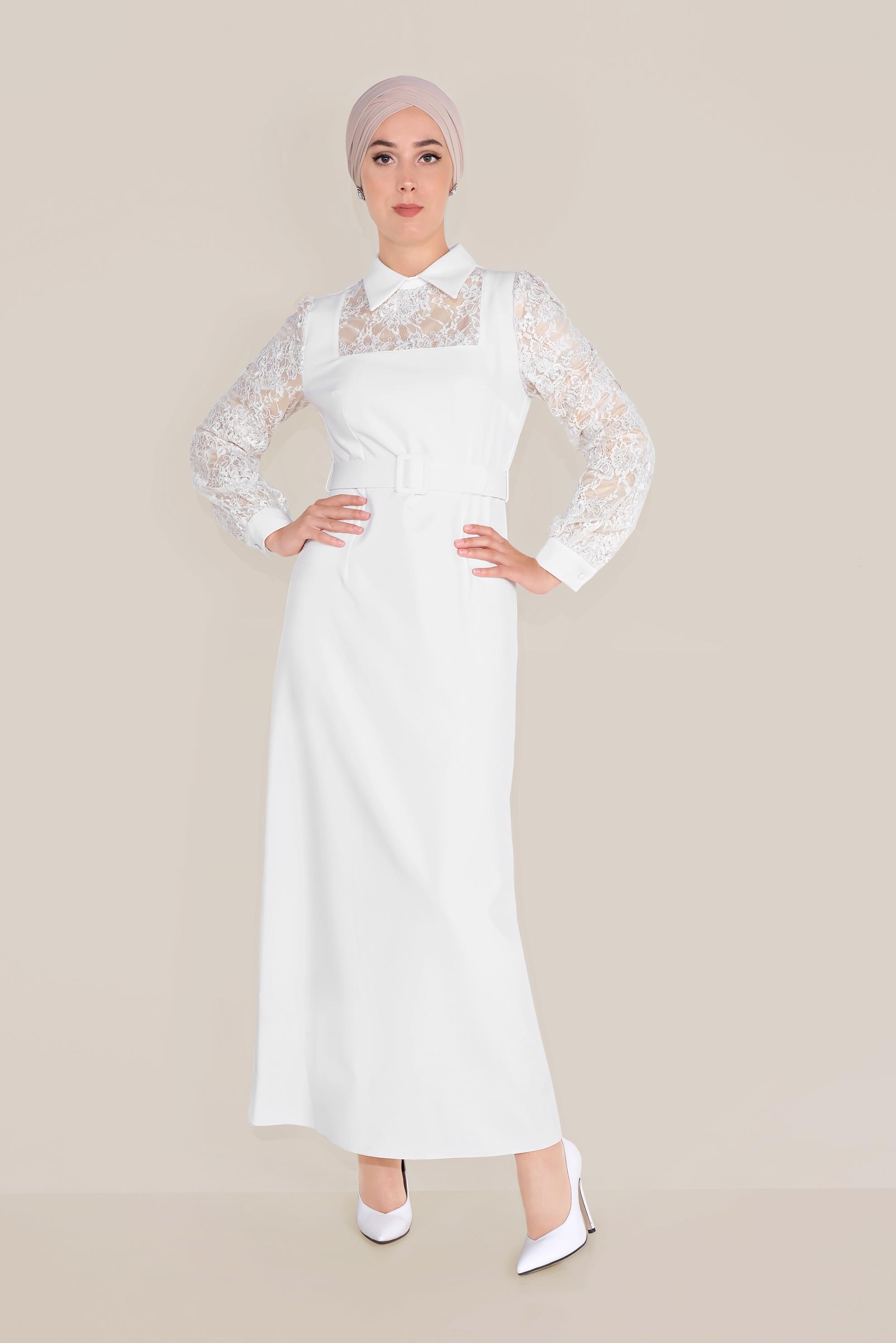 Tesettür giyim BEYAZ DANTEL DETAYLI ELBİSE 40584 