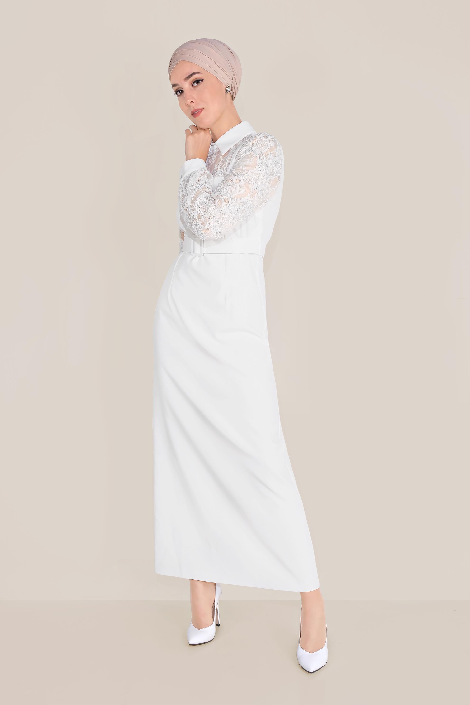 Tesettür giyim BEYAZ DANTEL DETAYLI ELBİSE 40584 