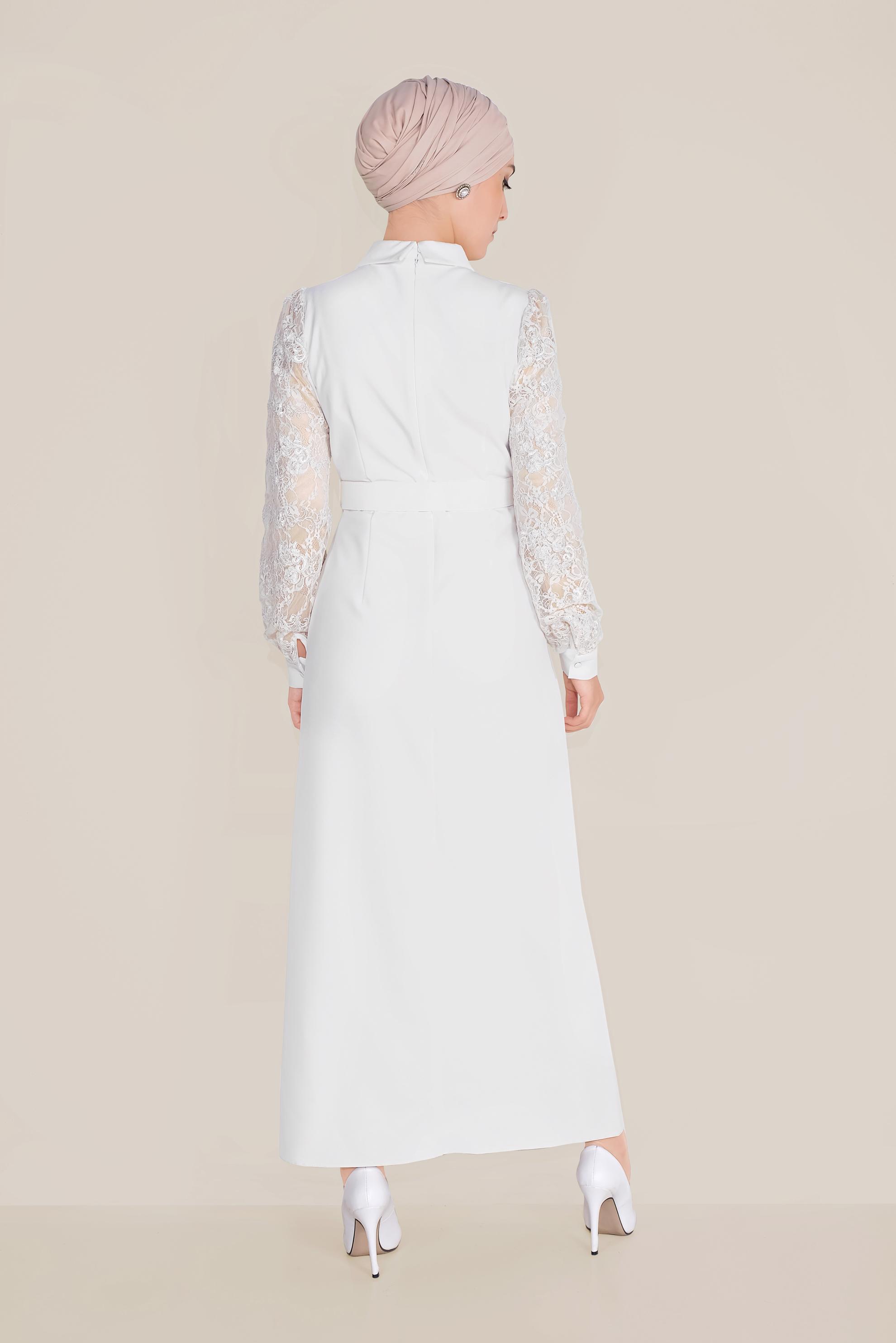 Tesettür giyim BEYAZ DANTEL DETAYLI ELBİSE 40584 