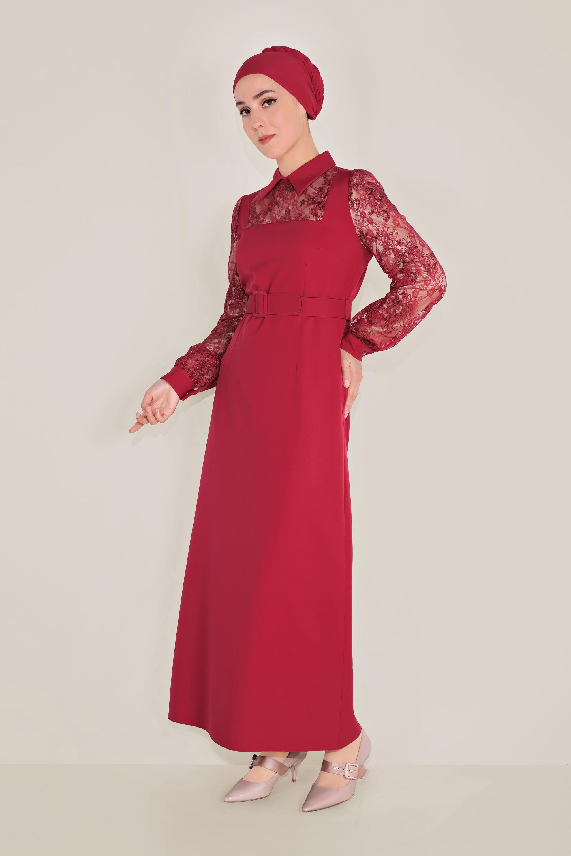 Tesettür giyim KIRMIZI DANTEL DETAYLI ELBİSE 40584 