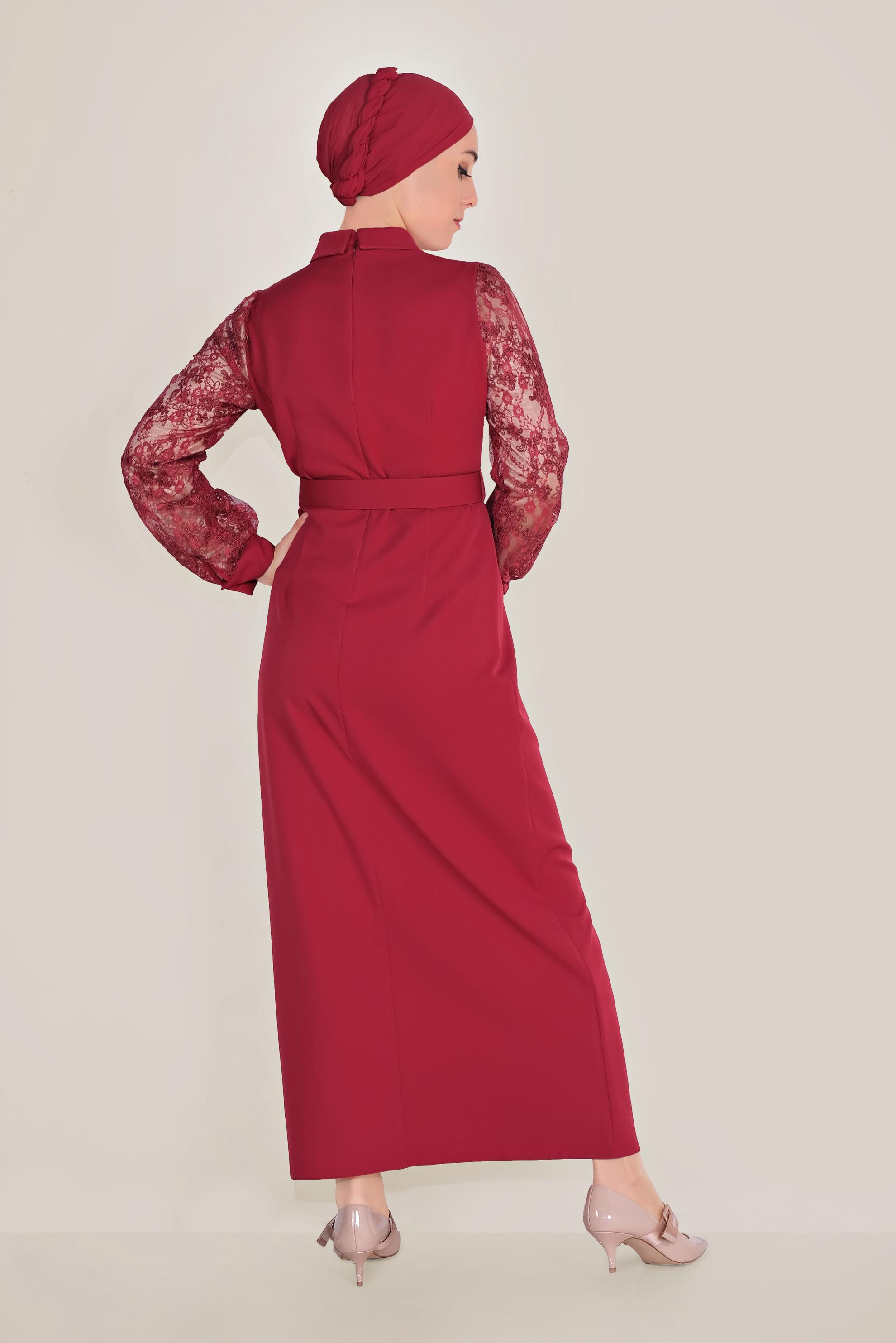 Tesettür giyim KIRMIZI DANTEL DETAYLI ELBİSE 40584 