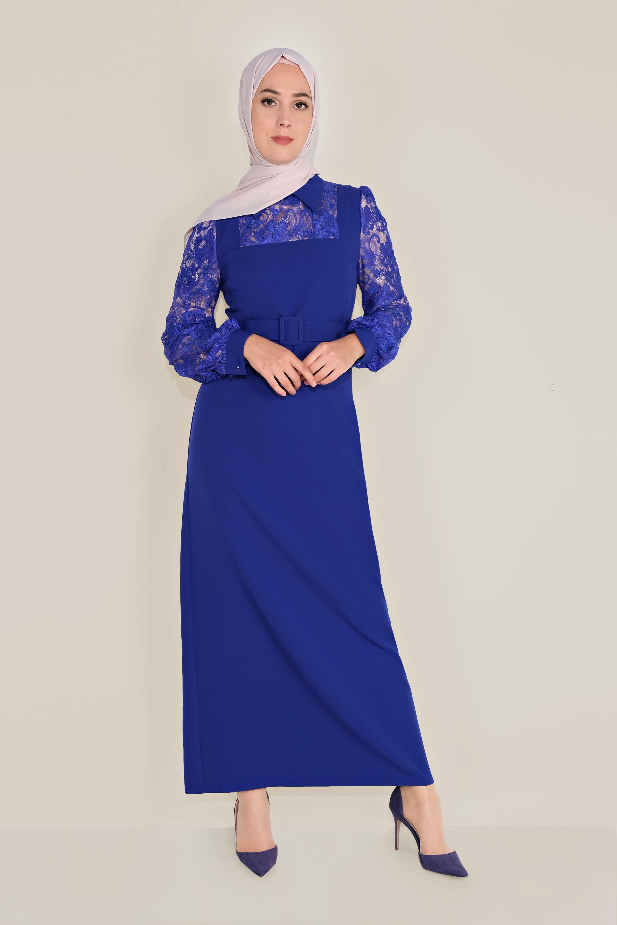 Tesettür giyim LACİVERT DANTEL DETAYLI ELBİSE 40584 