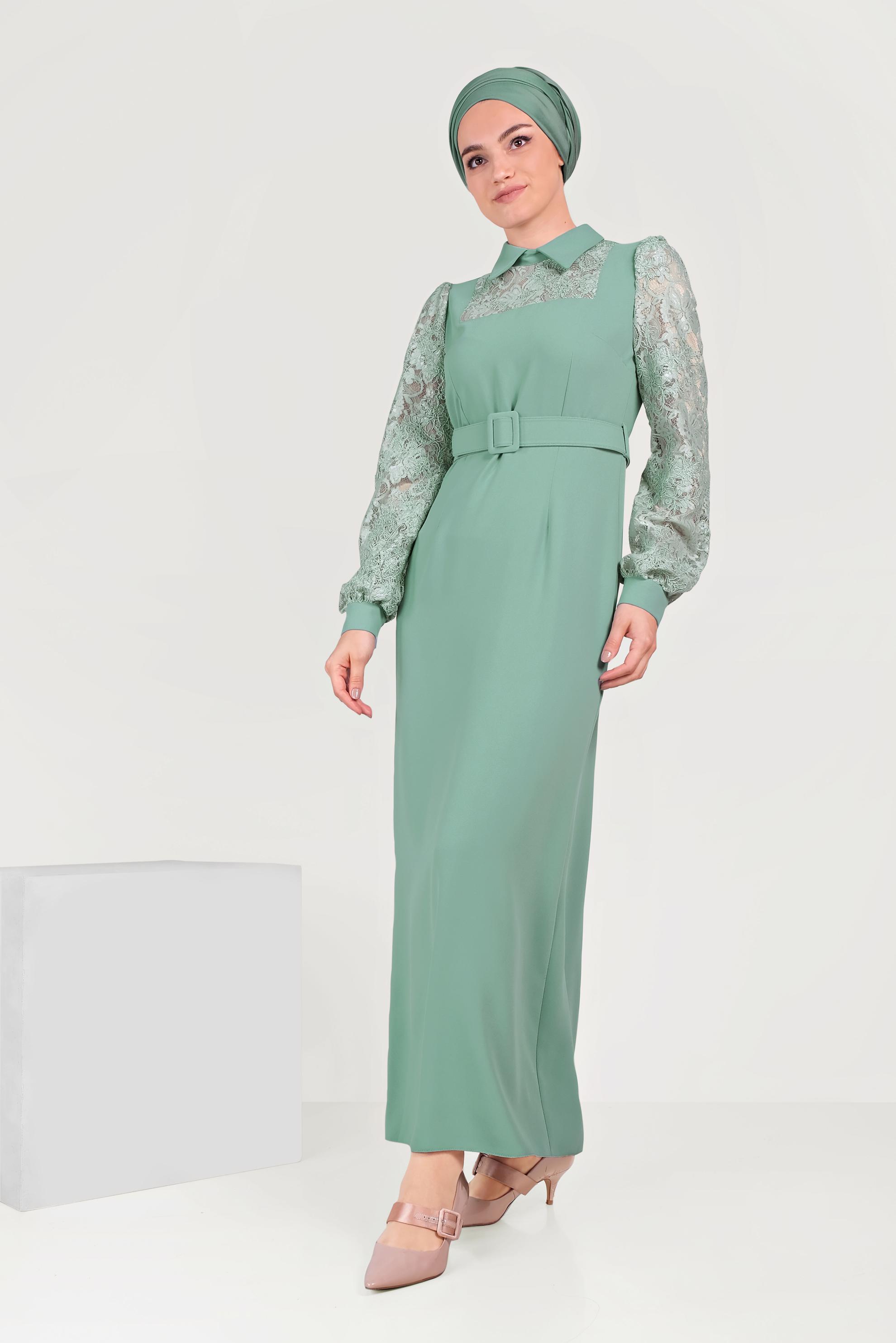 Tesettür giyim YEŞİL DANTEL DETAYLI ELBİSE 40584 