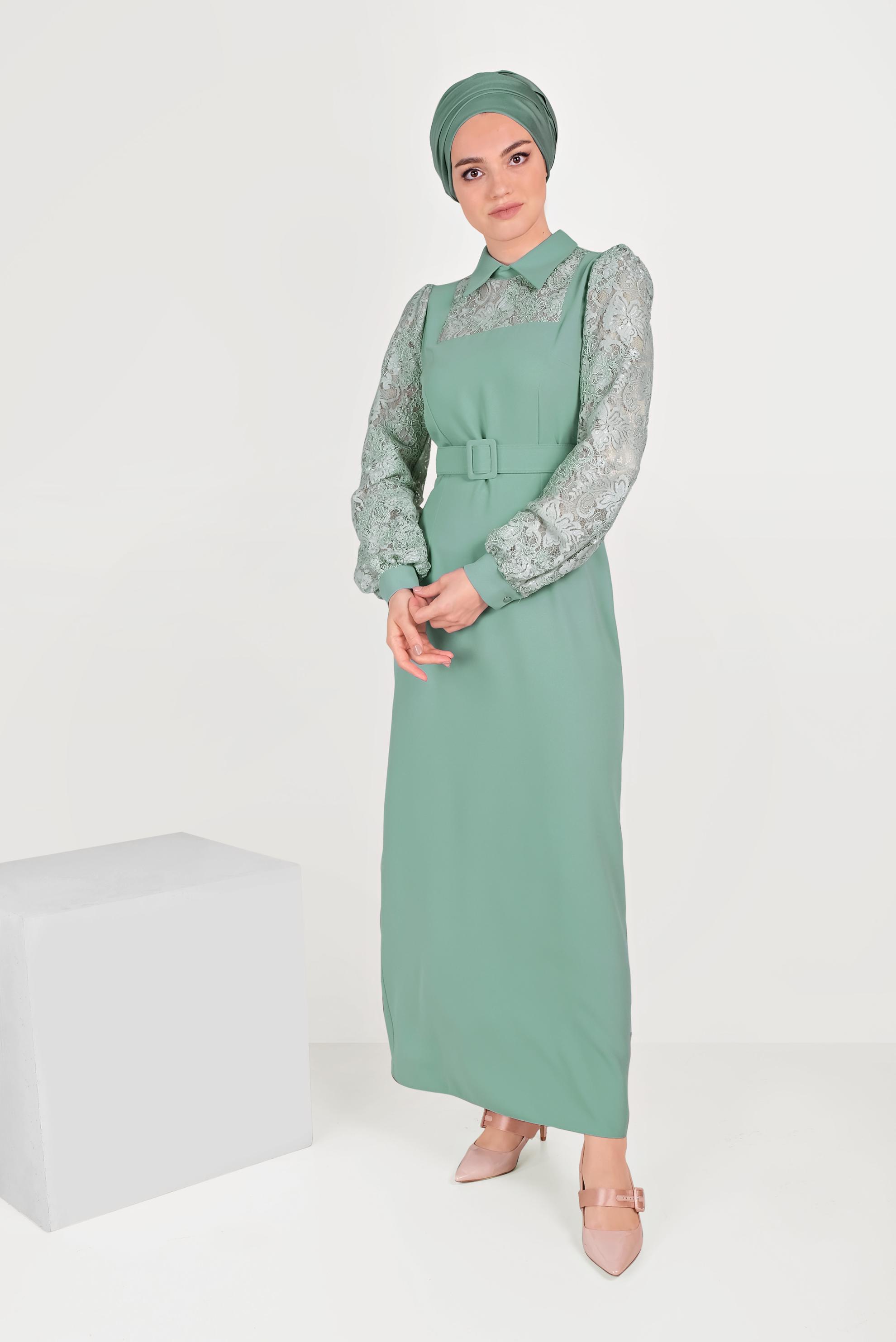 Tesettür giyim YEŞİL DANTEL DETAYLI ELBİSE 40584 