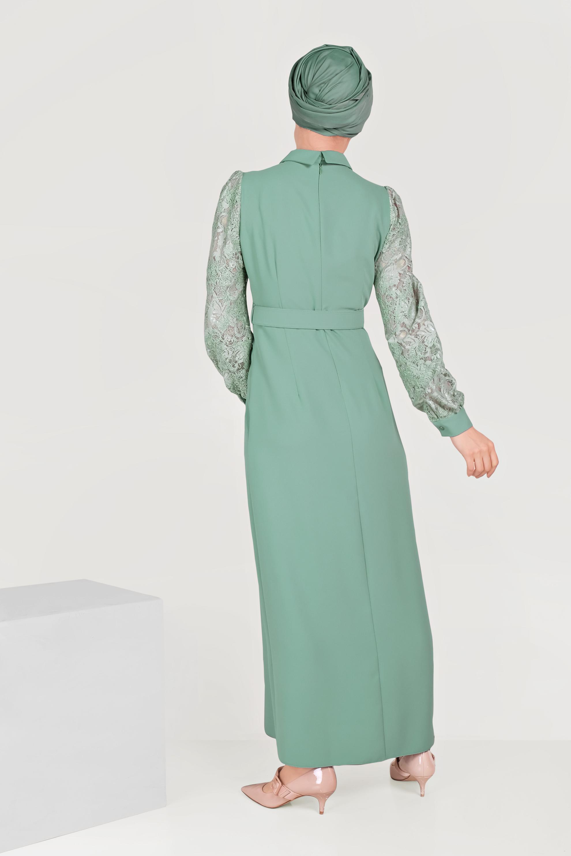 Tesettür giyim YEŞİL DANTEL DETAYLI ELBİSE 40584 