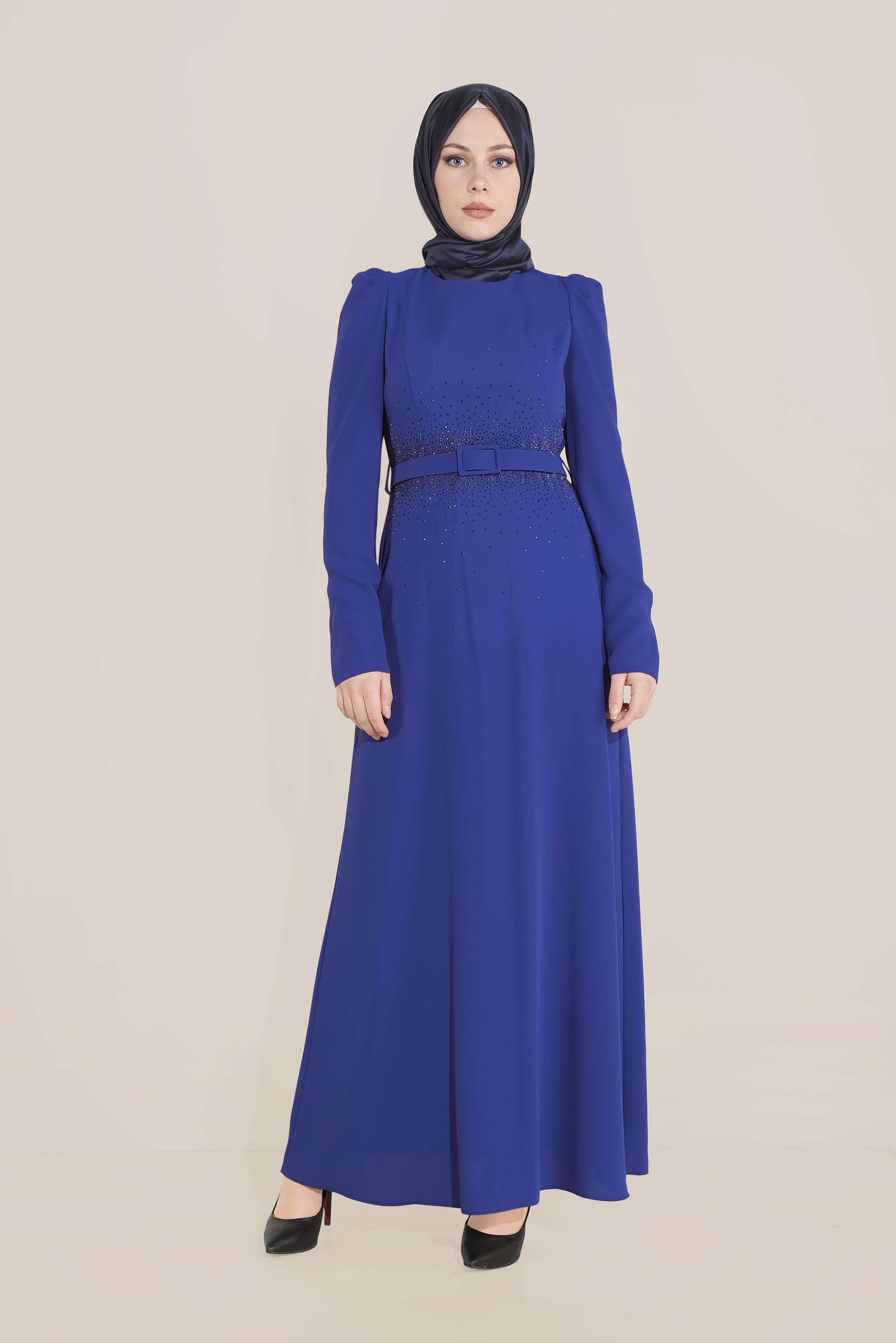 Tesettür giyim LACİVERT İŞLEMELİ KEMERLİ KARPUZ KOL ELBİSE 40586