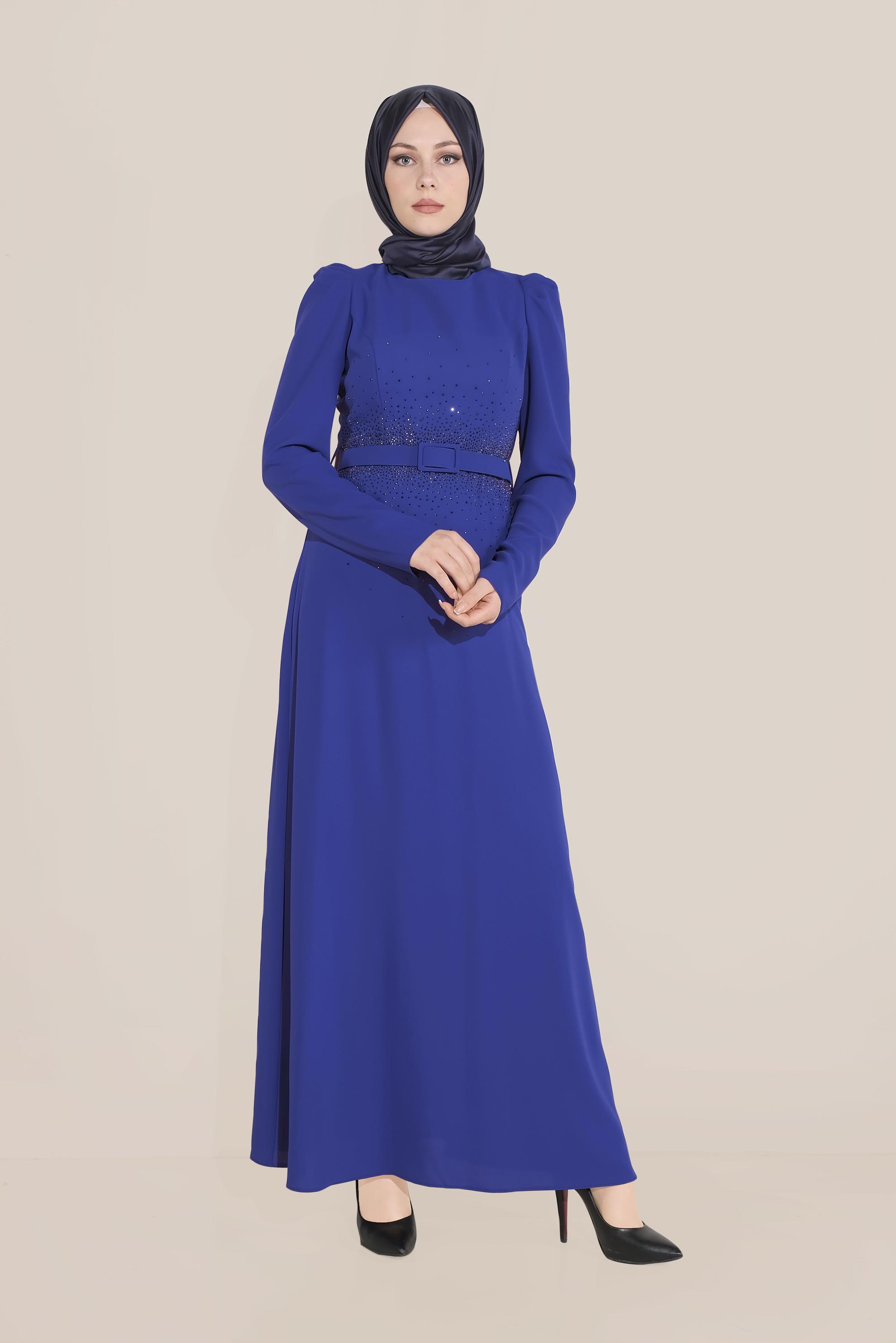 Tesettür giyim LACİVERT İŞLEMELİ KEMERLİ KARPUZ KOL ELBİSE 40586