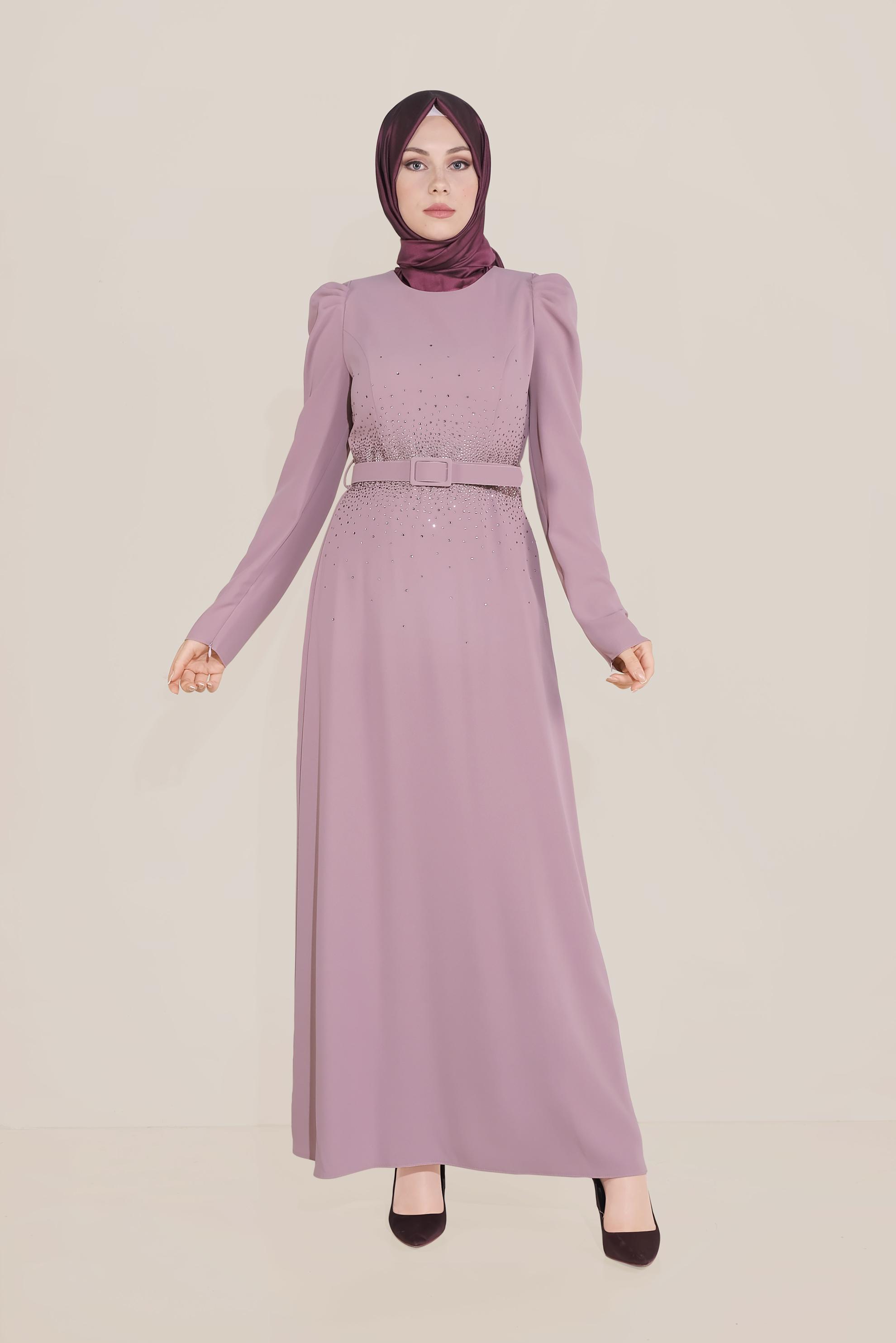 Tesettür giyim PUDRA İŞLEMELİ KEMERLİ KARPUZ KOL ELBİSE 40586