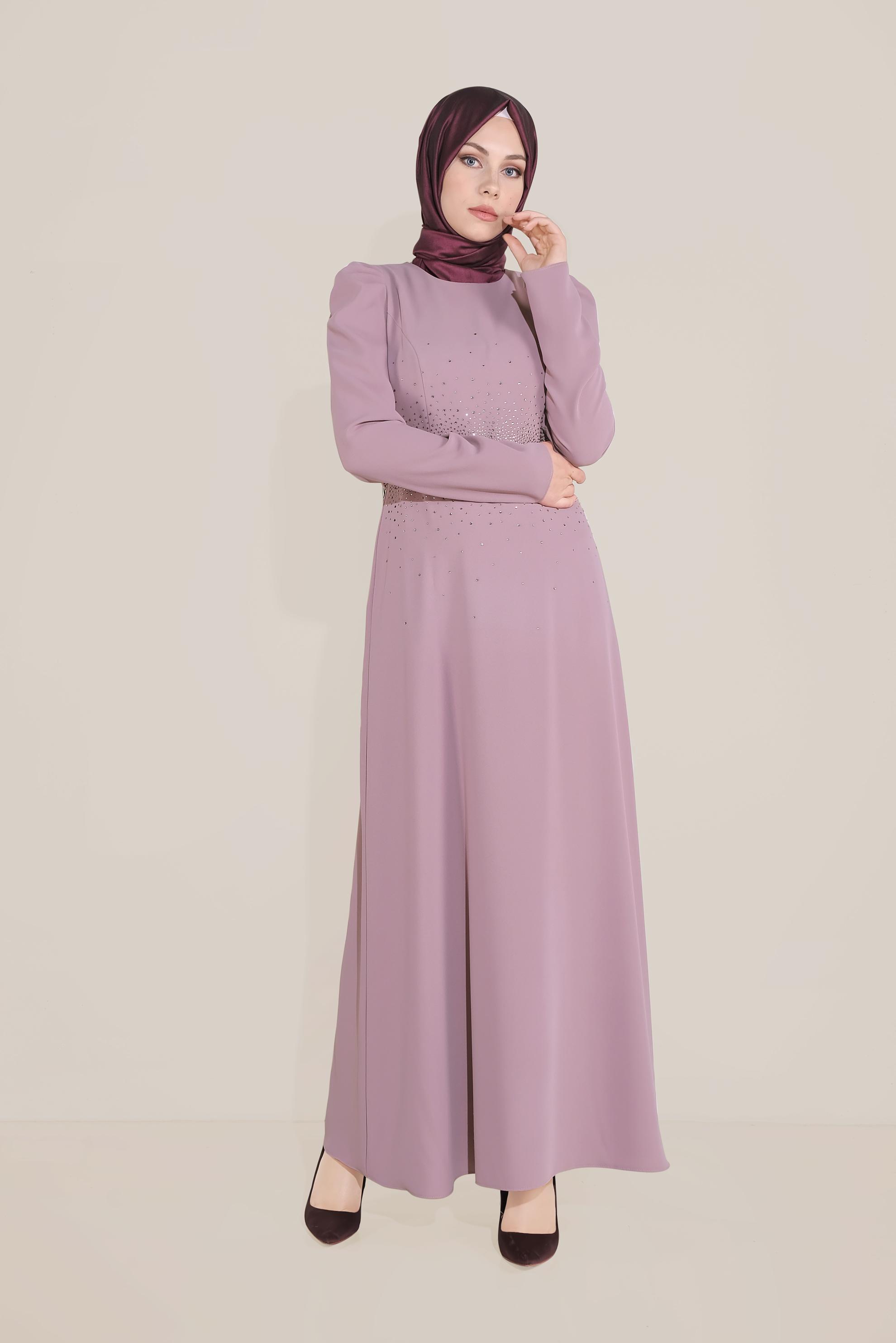 Tesettür giyim PUDRA İŞLEMELİ KEMERLİ KARPUZ KOL ELBİSE 40586