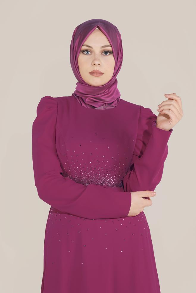 Tesettür giyim BEJ İŞLEMELİ KEMERLİ KARPUZ KOL ELBİSE 40586 - ALVİNA