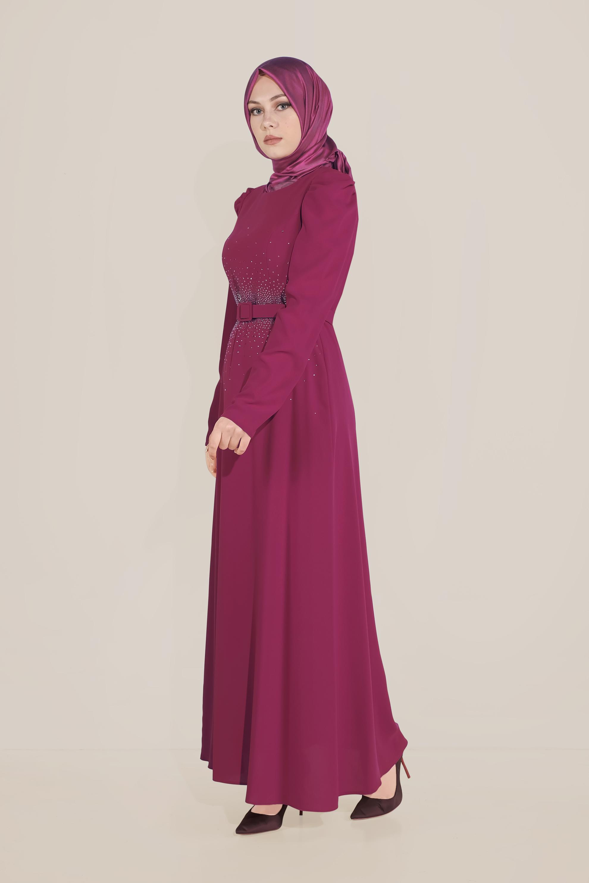 Tesettür giyim MOR İŞLEMELİ KEMERLİ KARPUZ KOL ELBİSE 40586