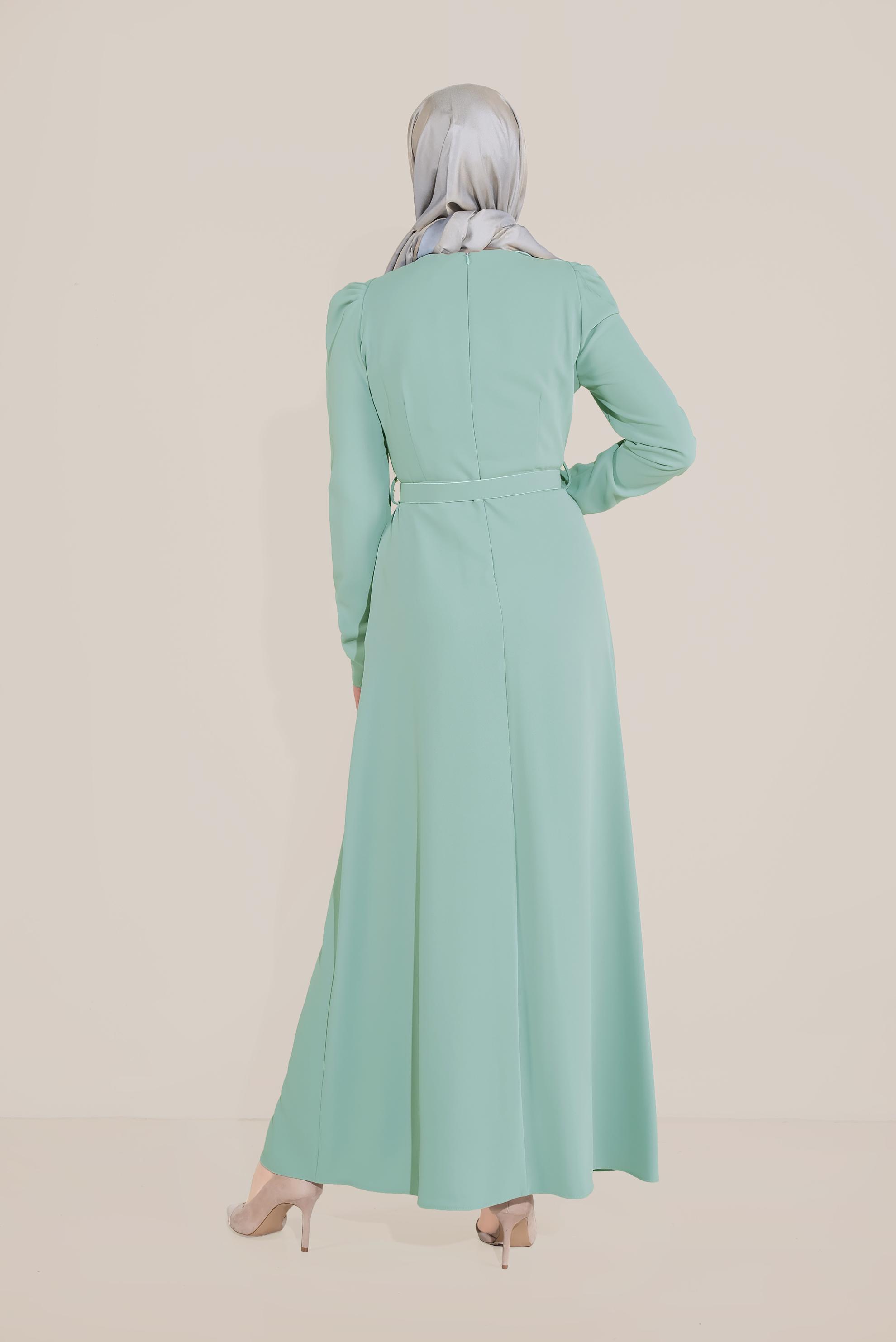 Tesettür giyim YEŞİL İŞLEMELİ KEMERLİ KARPUZ KOL ELBİSE 40586