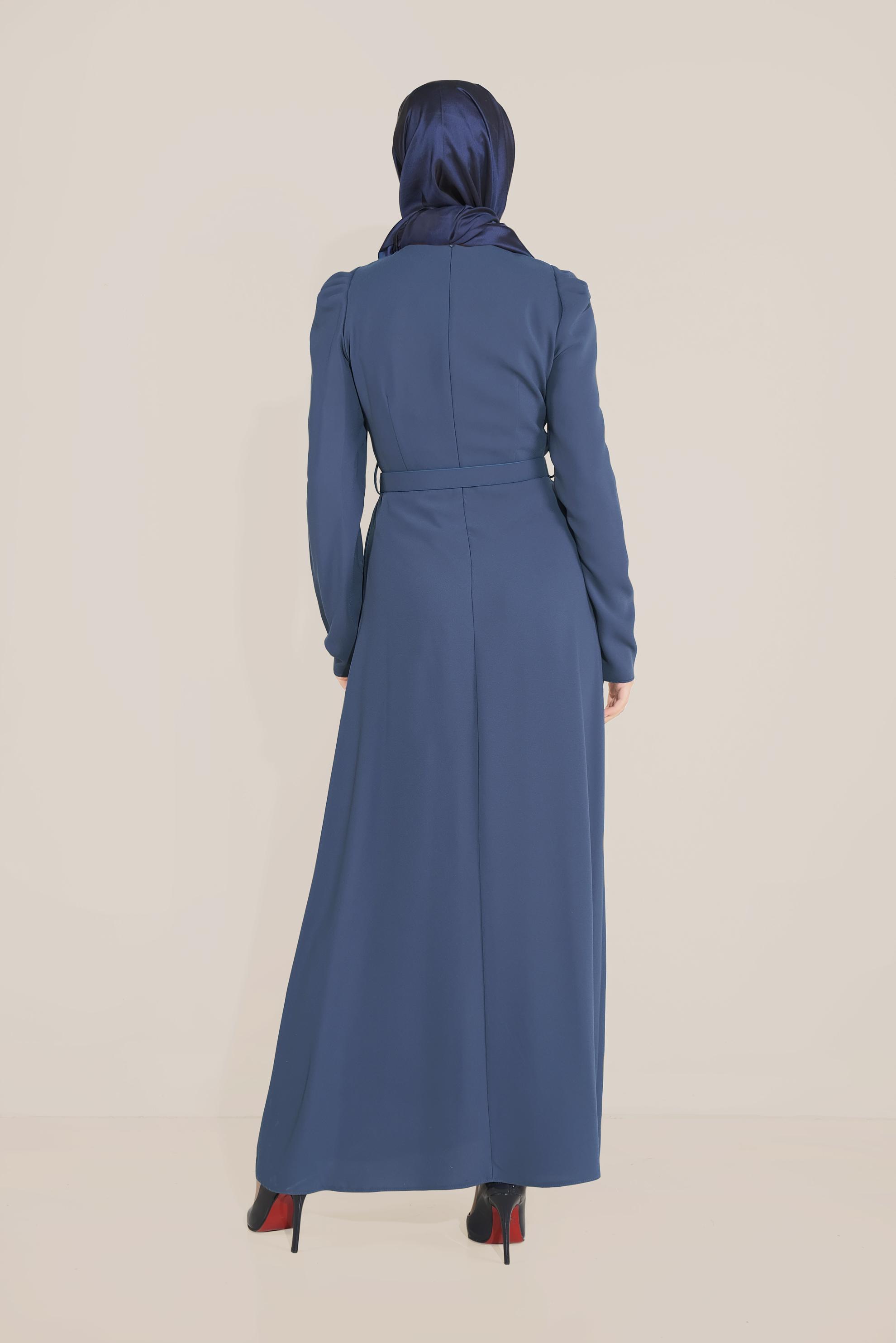 Tesettür giyim LACİVERT İŞLEMELİ KEMERLİ KARPUZ KOL ELBİSE 40586