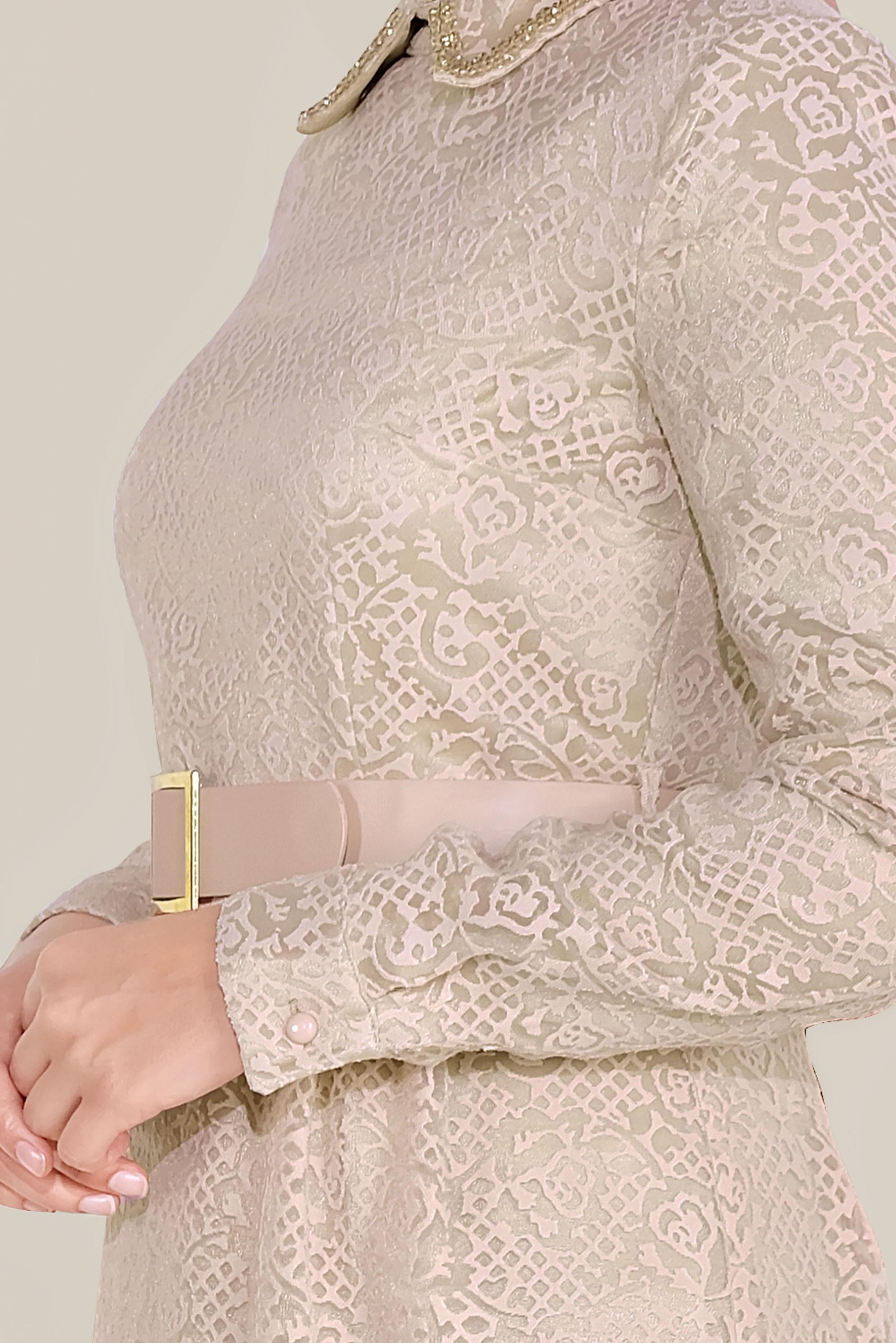 Tesettür giyim BEJ YAKASI BONCUK İŞLEMELİ DANTEL ELBİSE 40599 