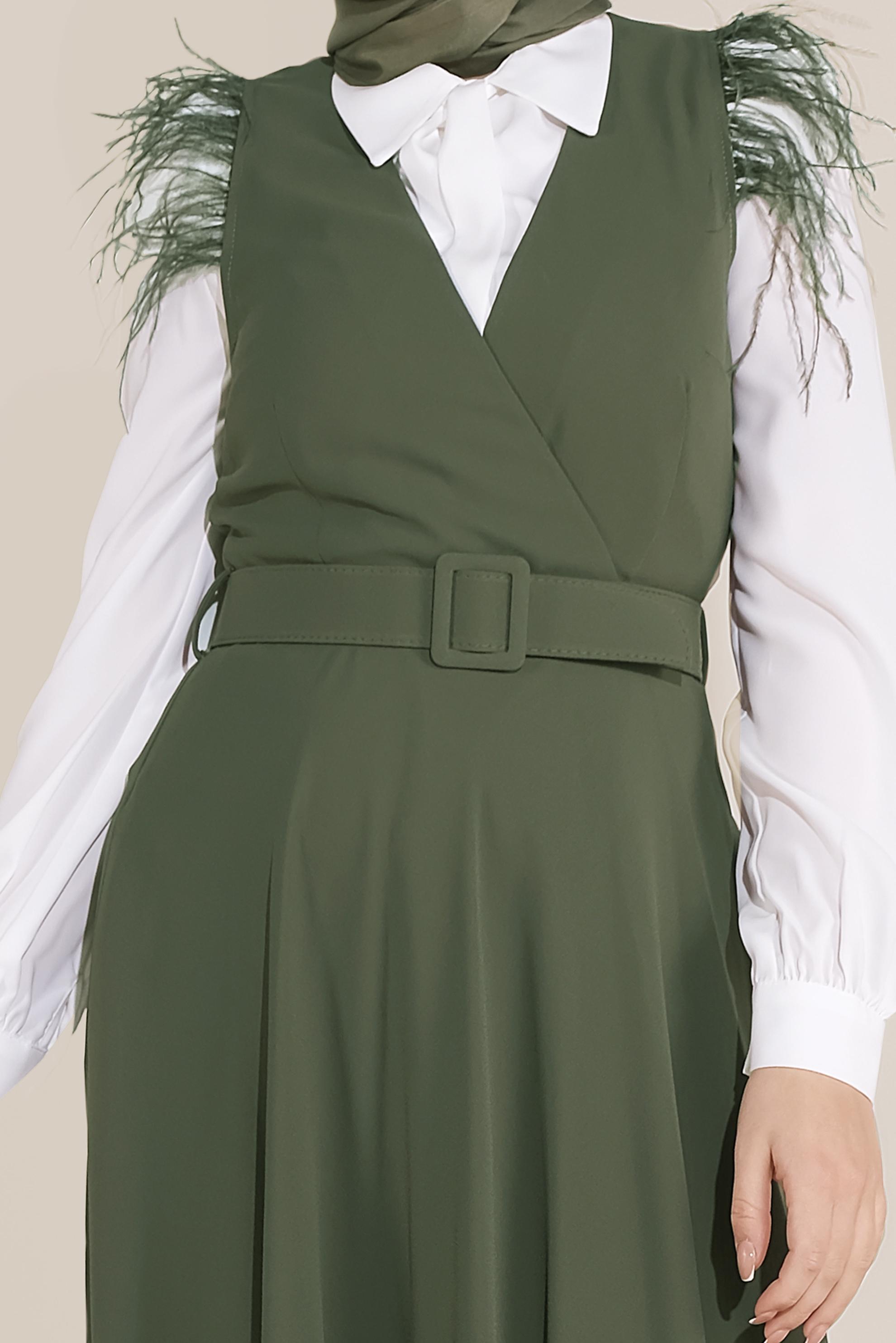 Tesettür giyim HAKİ OMUZLARI TÜYLÜ KEMERLİ ELBİSE 40602