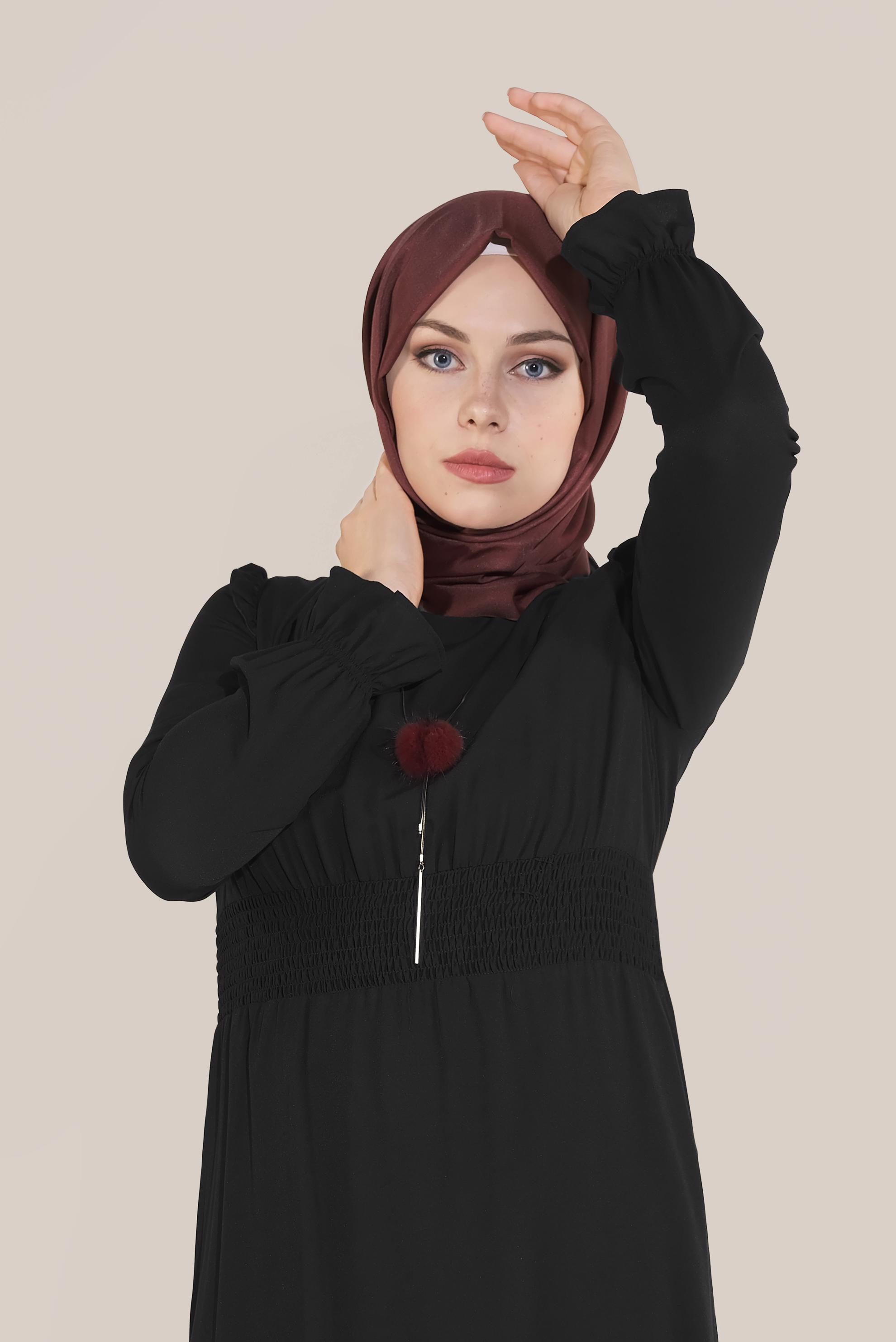 Tesettür giyim SİYAH BELİ LASTİKLİ FIRFIR DETAYLI ELBİSE 40627