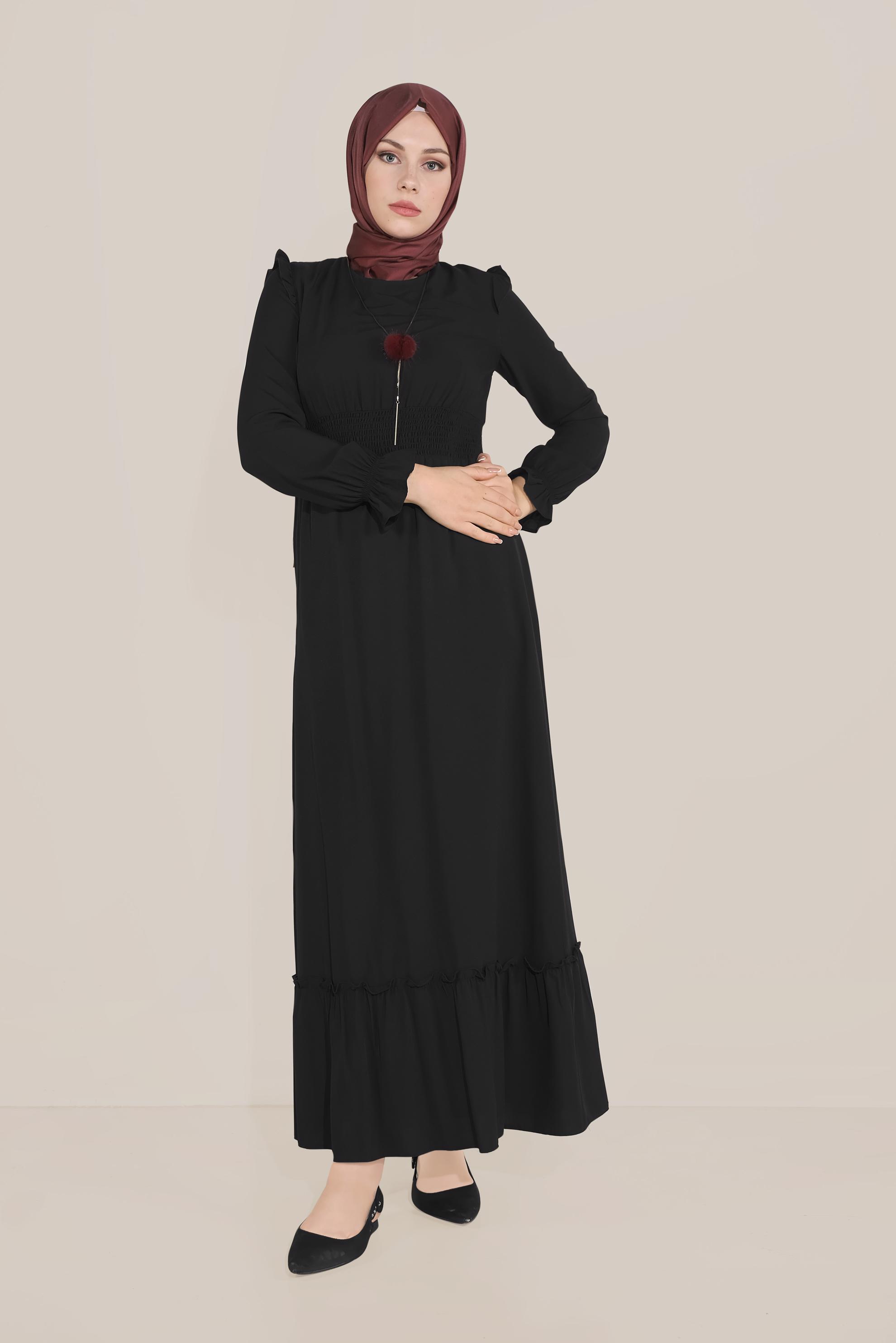 Tesettür giyim SİYAH BELİ LASTİKLİ FIRFIR DETAYLI ELBİSE 40627