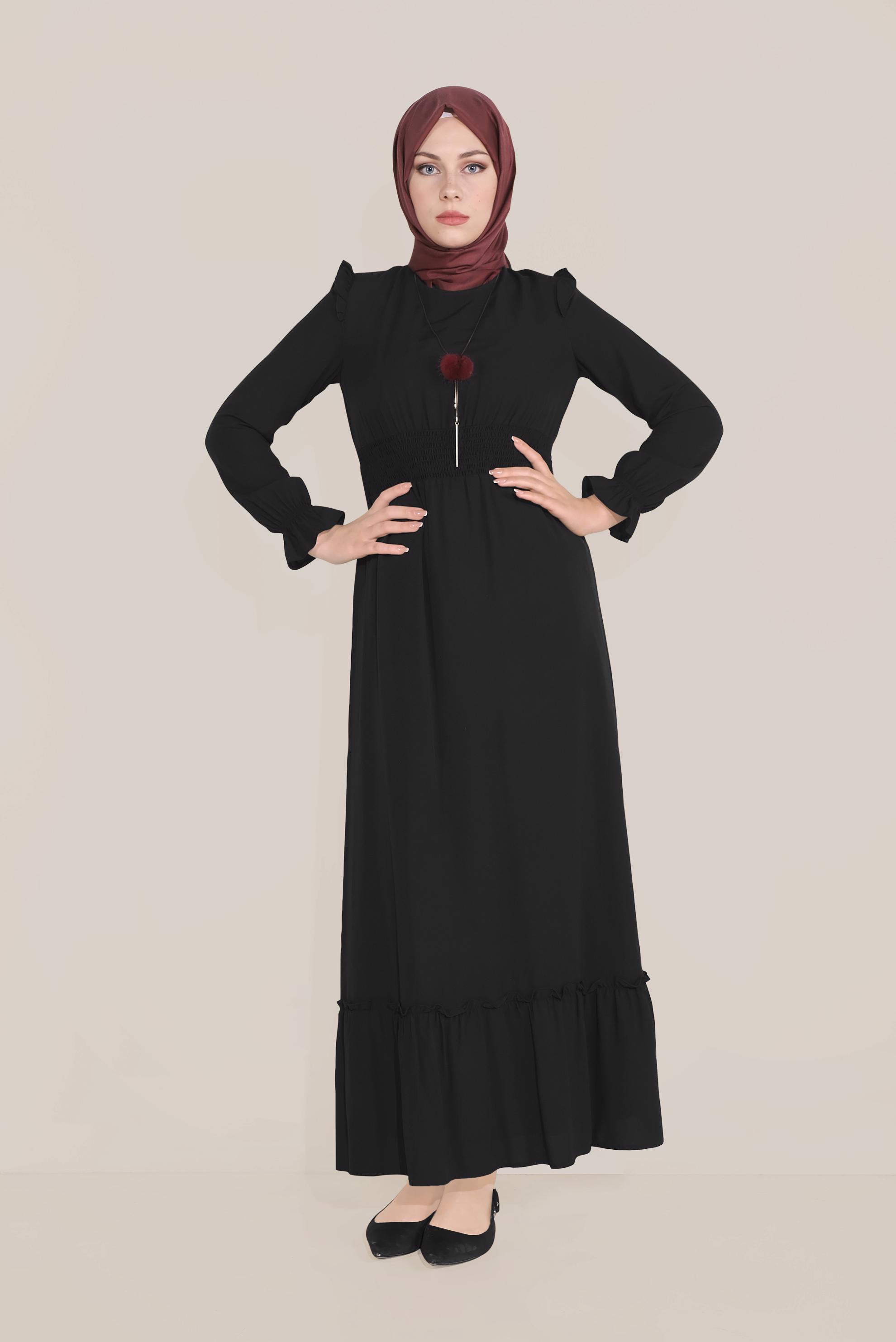 Tesettür giyim SİYAH BELİ LASTİKLİ FIRFIR DETAYLI ELBİSE 40627