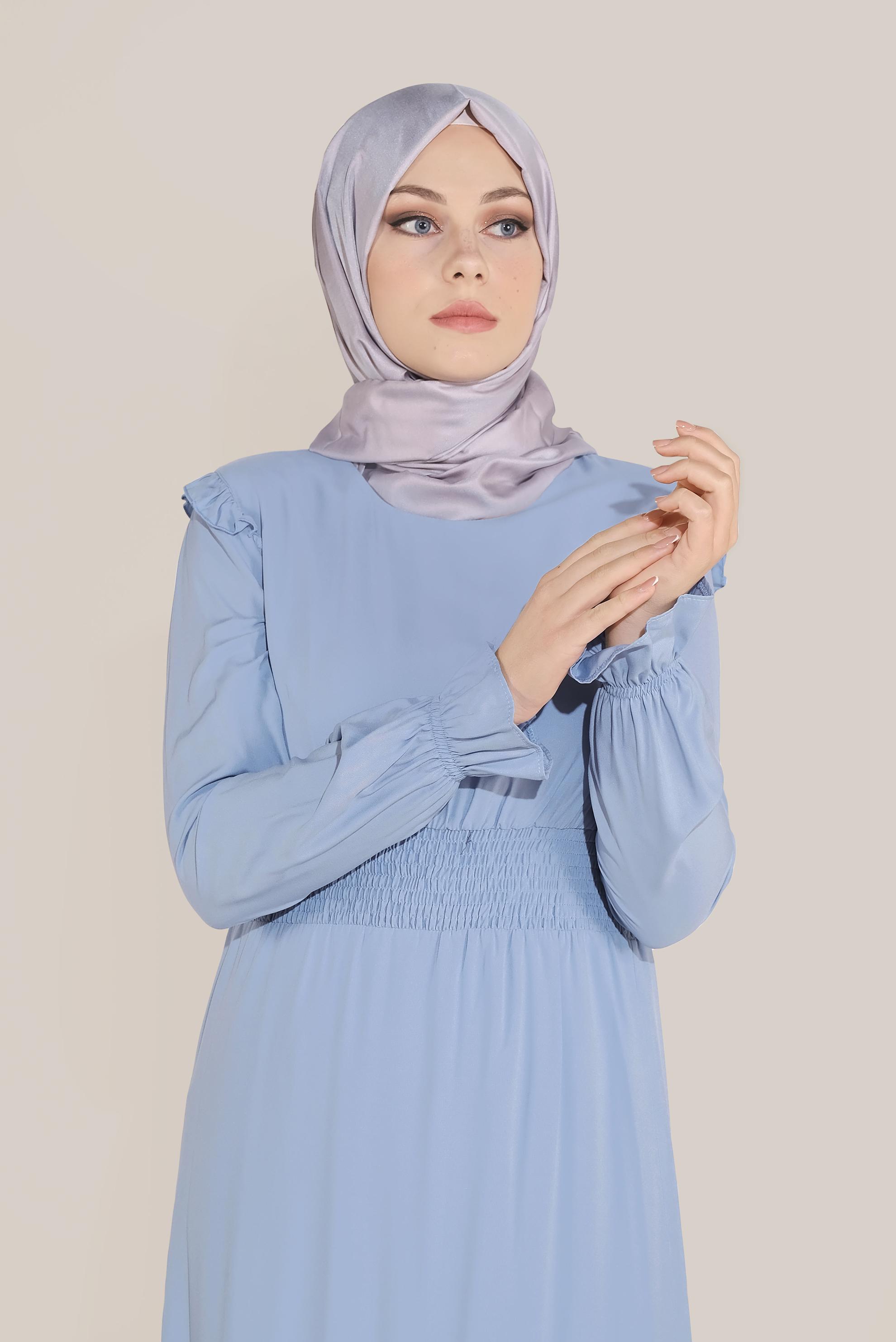 Tesettür giyim MAVİ BELİ LASTİKLİ FIRFIR DETAYLI ELBİSE 40627