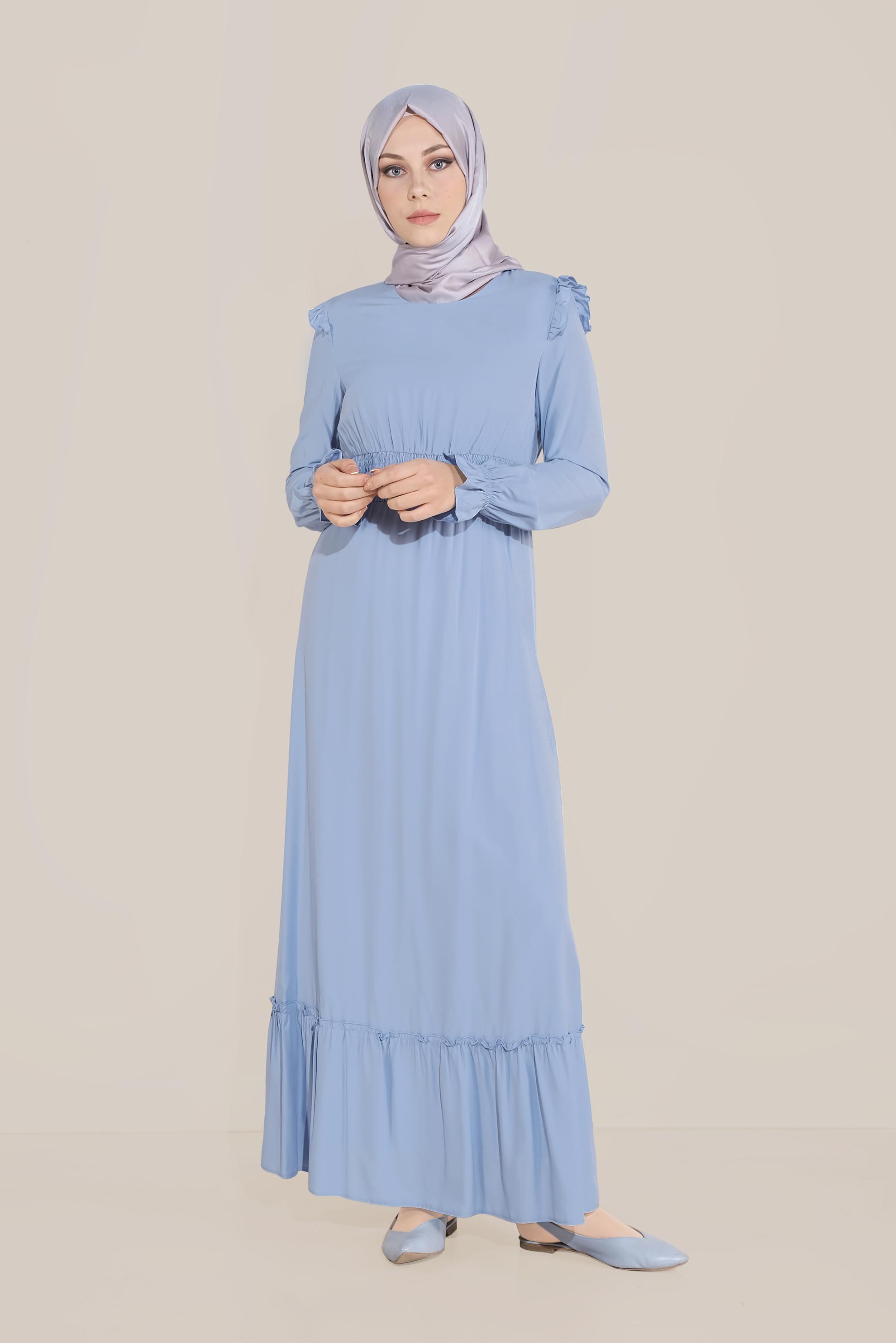 Tesettür giyim MAVİ BELİ LASTİKLİ FIRFIR DETAYLI ELBİSE 40627