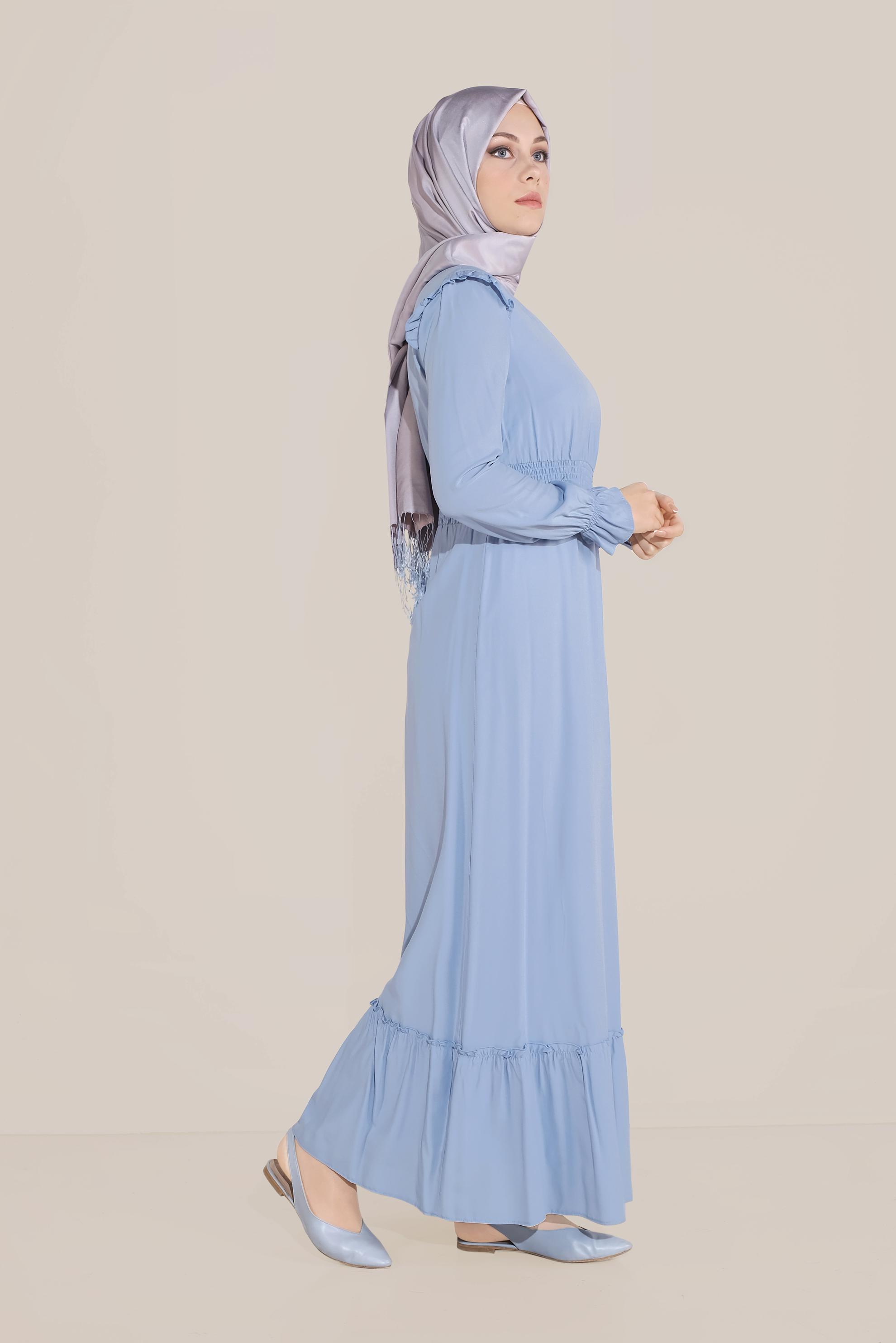 Tesettür giyim MAVİ BELİ LASTİKLİ FIRFIR DETAYLI ELBİSE 40627