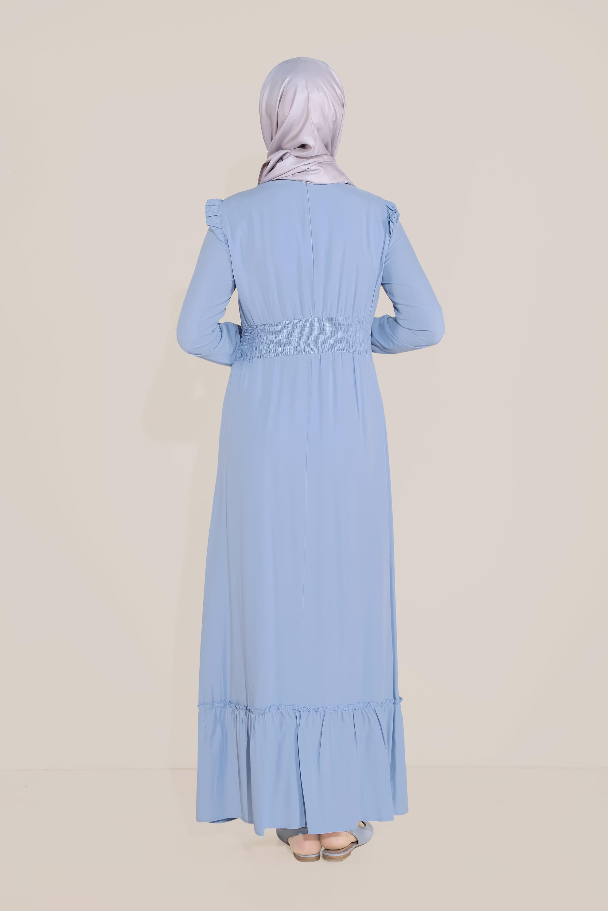 Tesettür giyim MAVİ BELİ LASTİKLİ FIRFIR DETAYLI ELBİSE 40627
