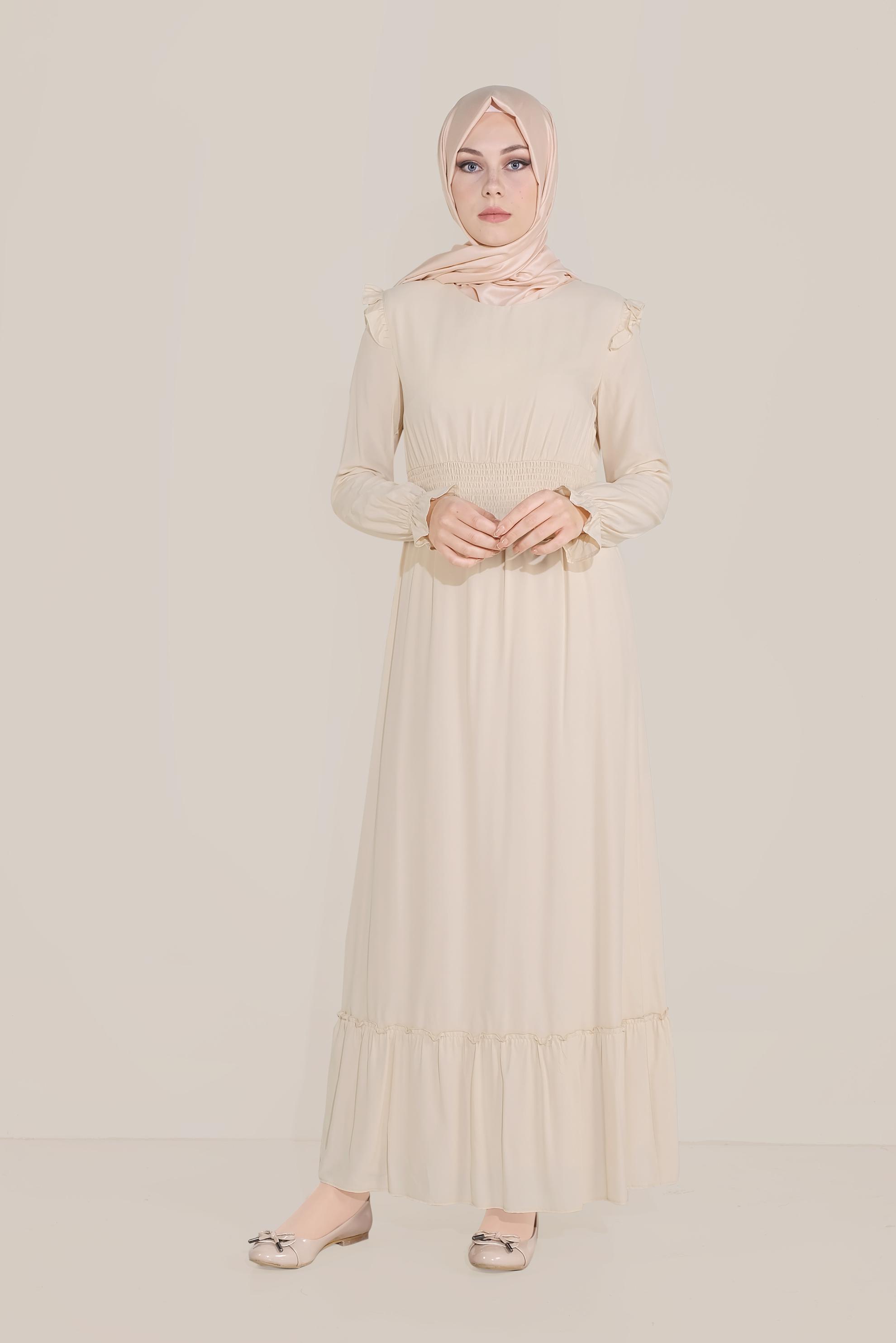 Tesettür giyim BEJ BELİ LASTİKLİ FIRFIR DETAYLI ELBİSE 40627