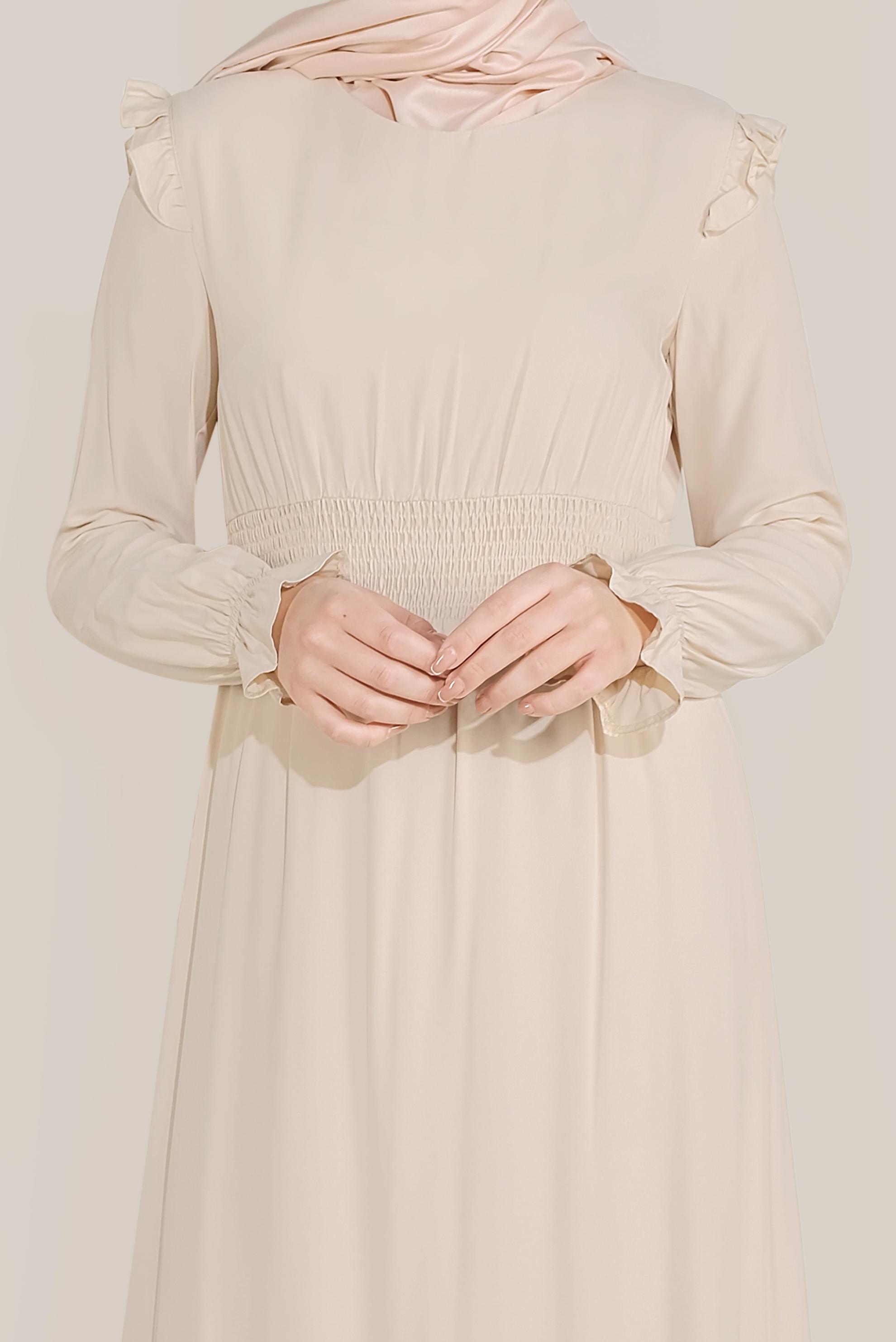 Tesettür giyim BEJ BELİ LASTİKLİ FIRFIR DETAYLI ELBİSE 40627