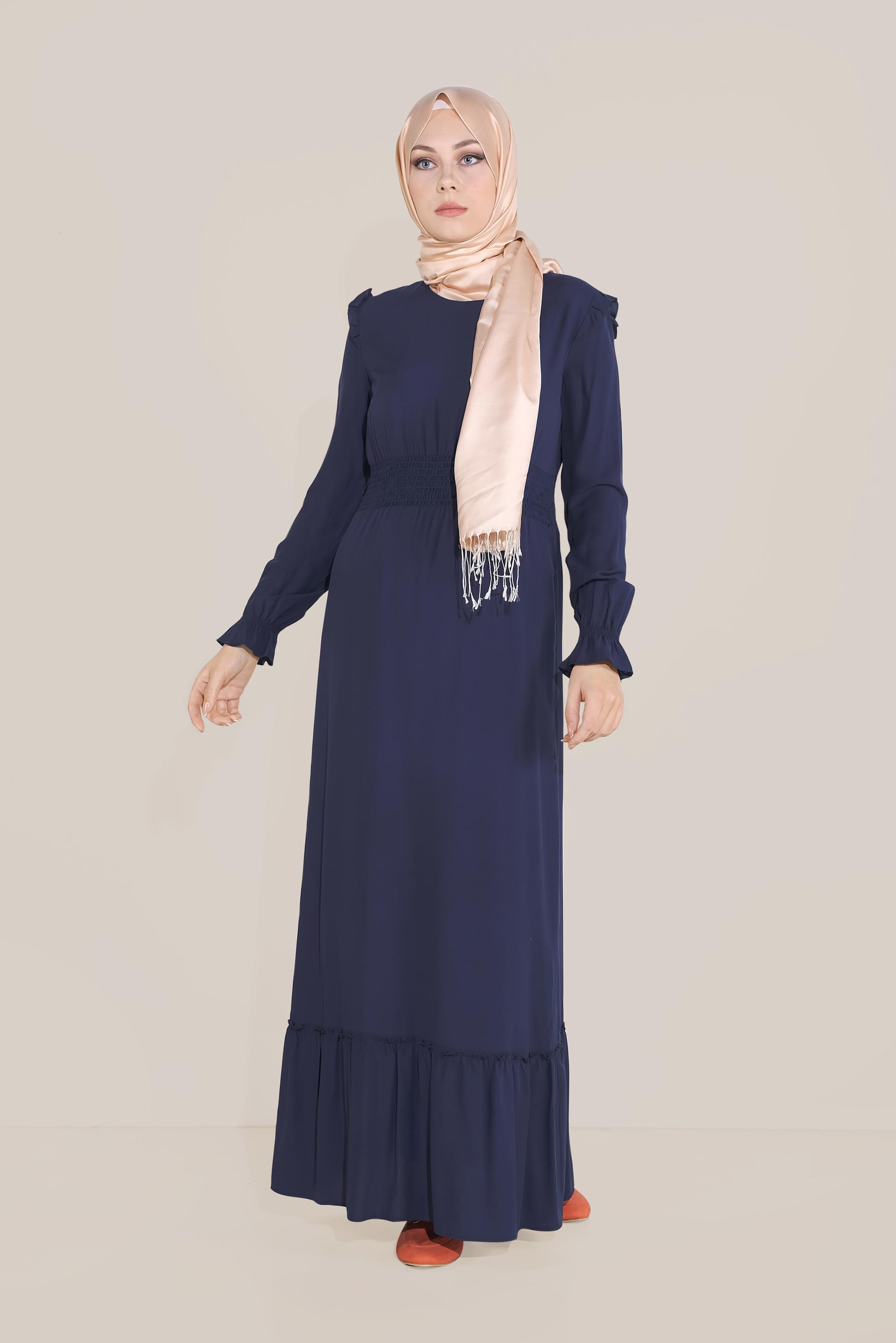 Tesettür giyim LACİVERT BELİ LASTİKLİ FIRFIR DETAYLI ELBİSE 40627